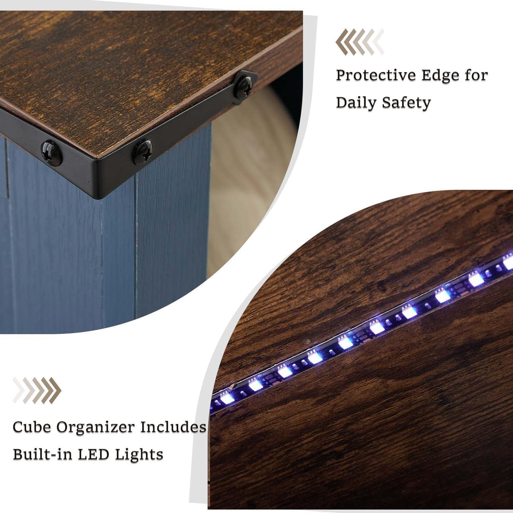 9 Cube Storage Organizer with LED Lights, Wooden Cube Bookcase with Back Panel, Blue Cube Shelf Freestanding Bookshelf, Hallway TV Stand for Living Room, Bedroom, Office