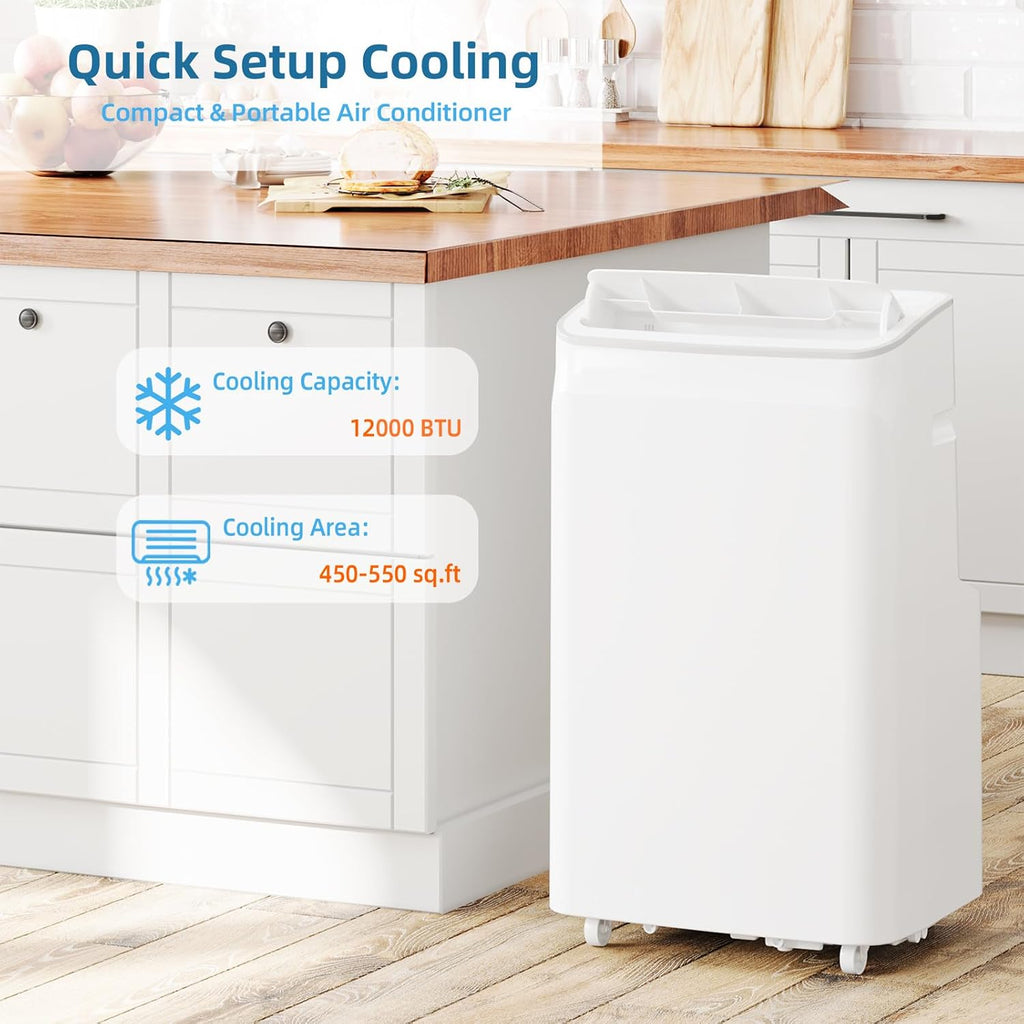 12000 BTU Portable Air Conditioner Cools Up to 550 Sq.Ft, 3-In-1 AC Unit With Dehumidifier, Fan, Cooling Mode & Window Kit, Room Air Conditioner with Remote Control for Bedroom, Living Room, Office