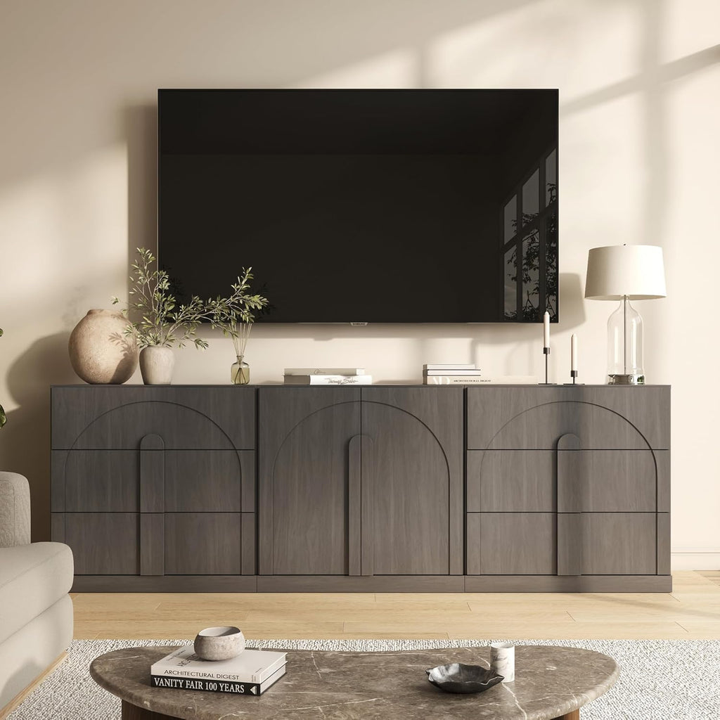 BELLEZE Modular Sideboard Cabinet Set, 3-Piece Modern Wood Buffet Cabinet Contain Arched Cabinet and 2 3-Drawer Storage, Freely Configurable Credenza for Living Room Kitchen, Camel