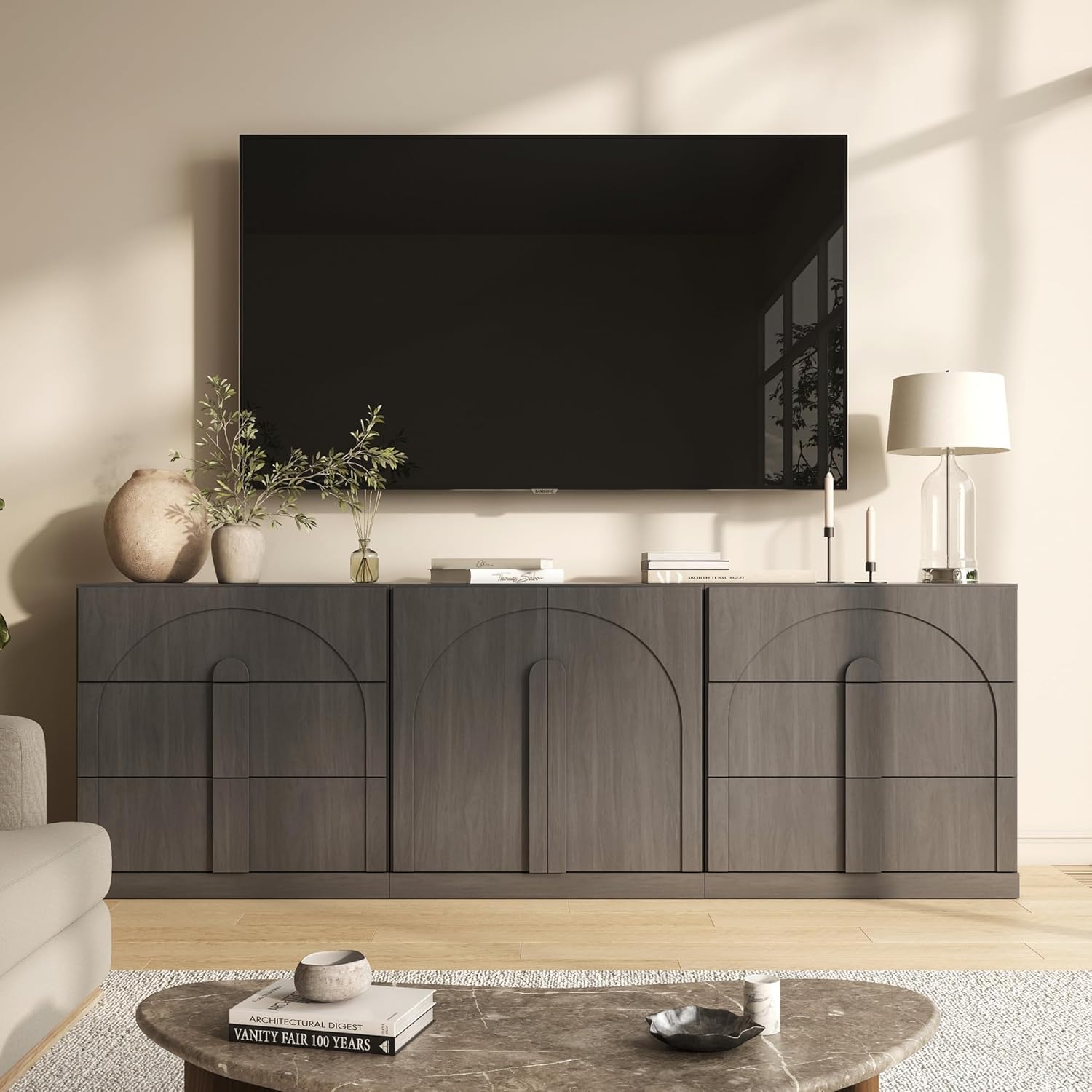 BELLEZE Modular Sideboard Cabinet Set, 3-Piece Modern Wood Buffet Cabinet Contain Arched Cabinet and 2 3-Drawer Storage, Freely Configurable Credenza for Living Room Kitchen, Camel