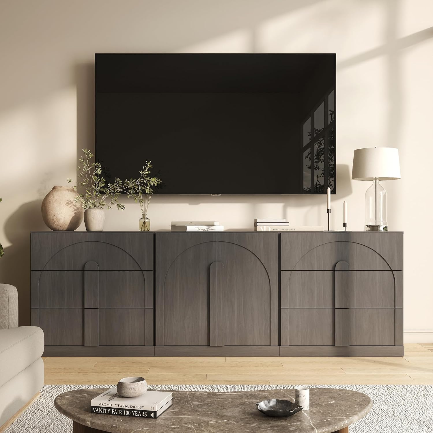 BELLEZE Modular Sideboard Cabinet Set, 3-Piece Modern Wood Buffet Cabinet Contain Arched Cabinet and 2 3-Drawer Storage, Freely Configurable Credenza for Living Room Kitchen, Ebony