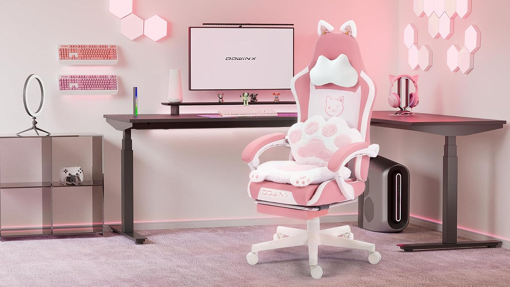 Dowinx Gaming Chair Cute with Cat Ears and Paw Lumbar, Ergonomic Computer Chair for Girl with Footrest and Headrest, Comfortable Reclining Game Chair 290lbs for Adult, Teen, Pink