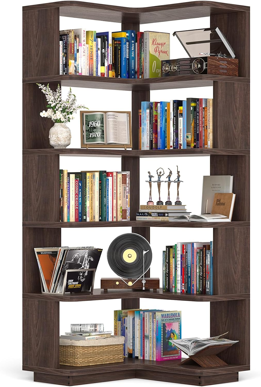 Armocity Corner Book Shelf - 6-Shelf Corner Bookshelf Etagere Bookcase with Baffle, Freestanding L Shaped Display Shelf Stand for Home Office, Living Room, Bedroom, Kitchen, Black Walnut