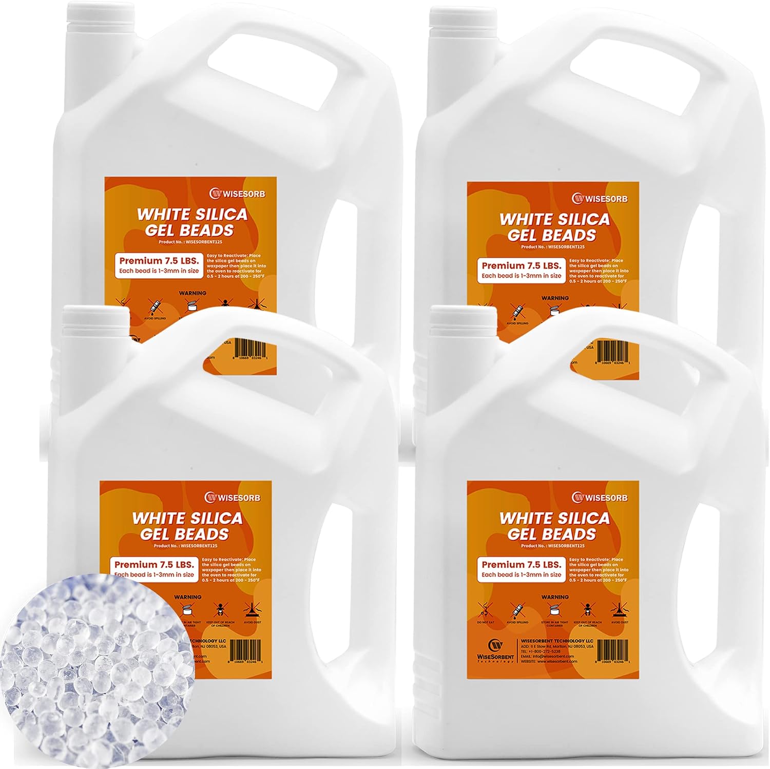 Wisesorb 30 LBS Pure White Silica Gel Desiccant Beads, Rechargeable Safe Silica Beads, 4 Pack of 7.5 LBS