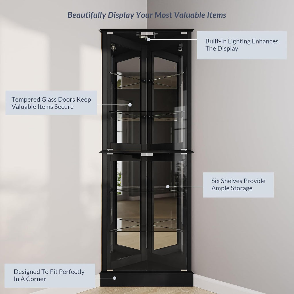 BELLEZE Lighted Corner Display Curio Cabinet Wooden Shelving Unit with Tempered Glass Door, Bar and Liquor Storage Area with 6 Shelves - Woody (Black)
