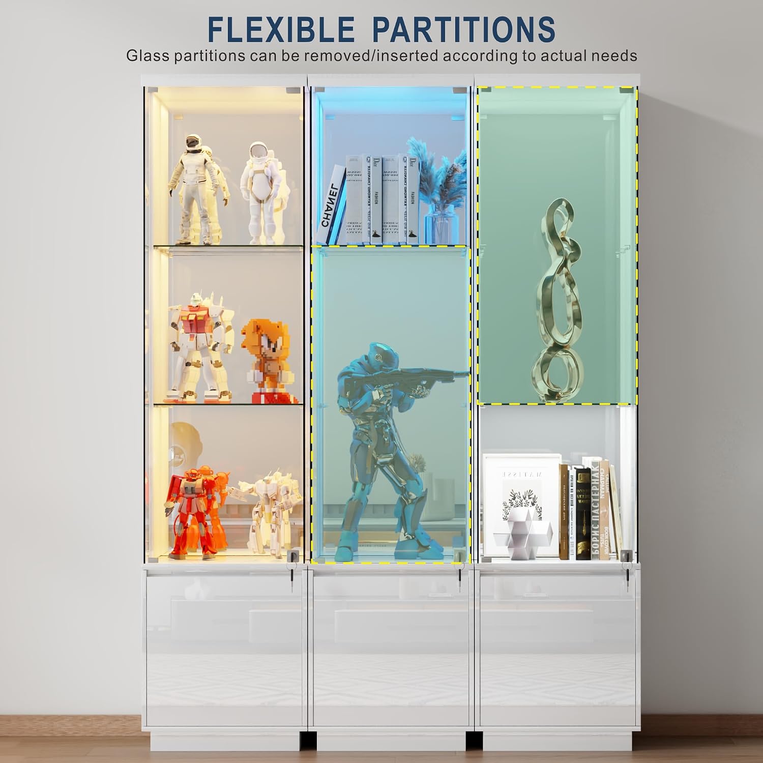 HNEBC Corner Glass Display Cabinet with Lockable&3 Color Lights for Living Room White, Curio Cabinet with Adjustable Glass Shelf for Liquor Figurine Bookcase for Living Room