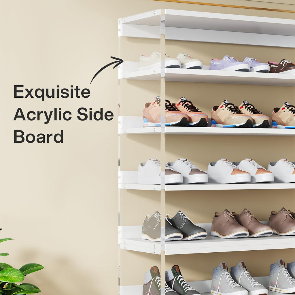 Tribesigns 8-Tier Acrylic Shoe Rack, Modern Shoe Storage with Wood Shelves, 63' Shoe Organizer Display Shelf for 24-32 Pairs, Space-Saving, White & Transparent (1)