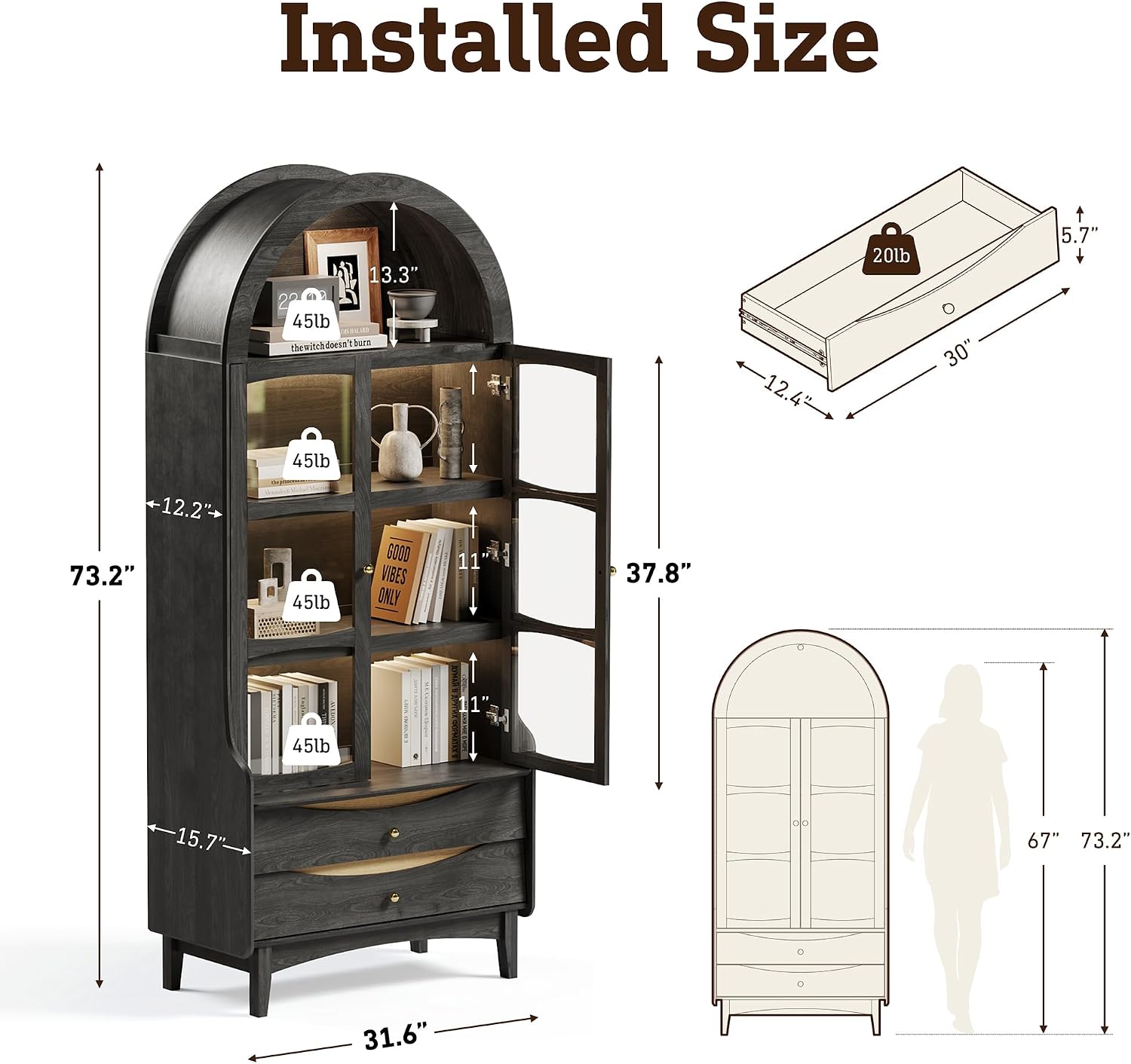 STO'SENSE 74' Tall Arched Bookshelf with LED Lights,4-Tier Modern Farmhouse Arched Bookcase with Glass Doors and Shelves,Wooden Display Cabinet with 2 Drawers for Living Room, Dining Room (Black)