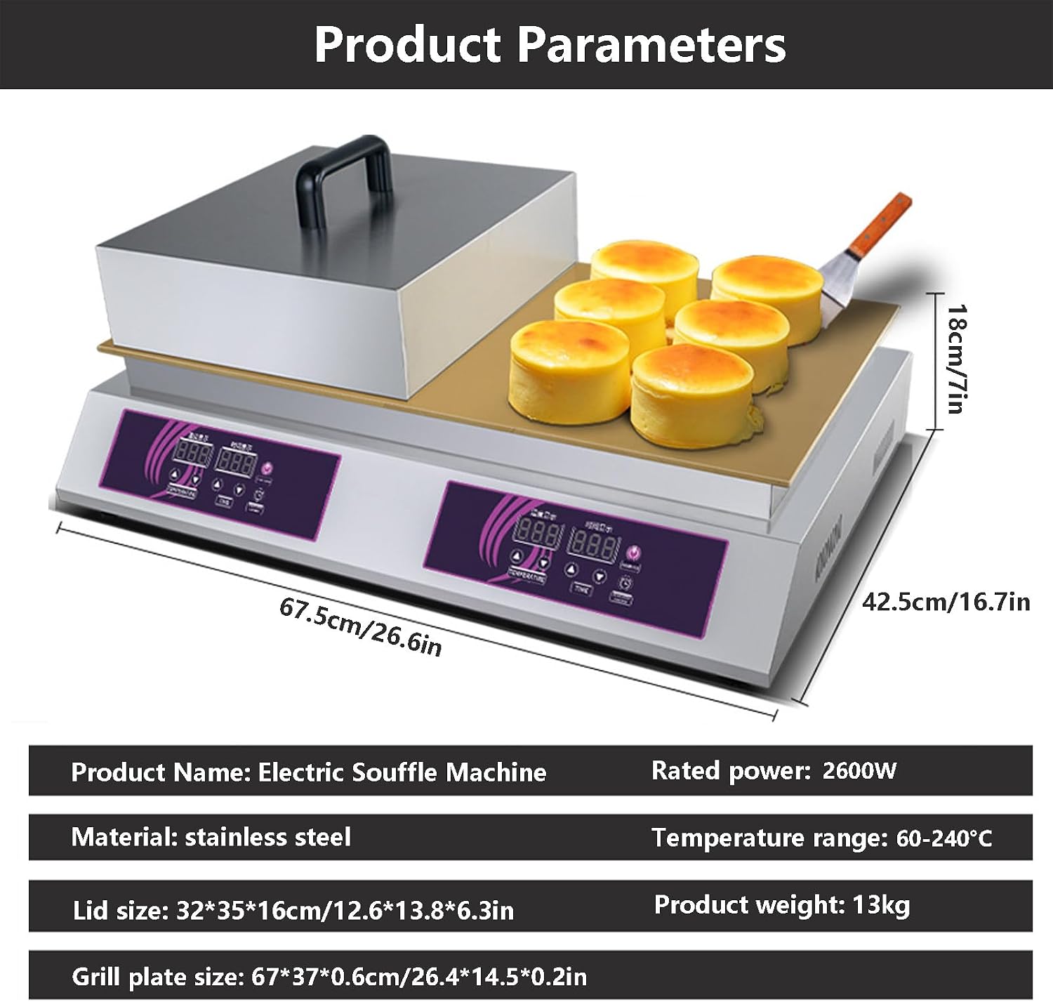 Electric Pancake Souffle Maker 60-240°C Commercial Griddle, Double-head Souffle Making Machine with 12.6 * 13.8 * 6.3in Lid, Electric Contact Grill for Food Stand, Restaurant, Home Use