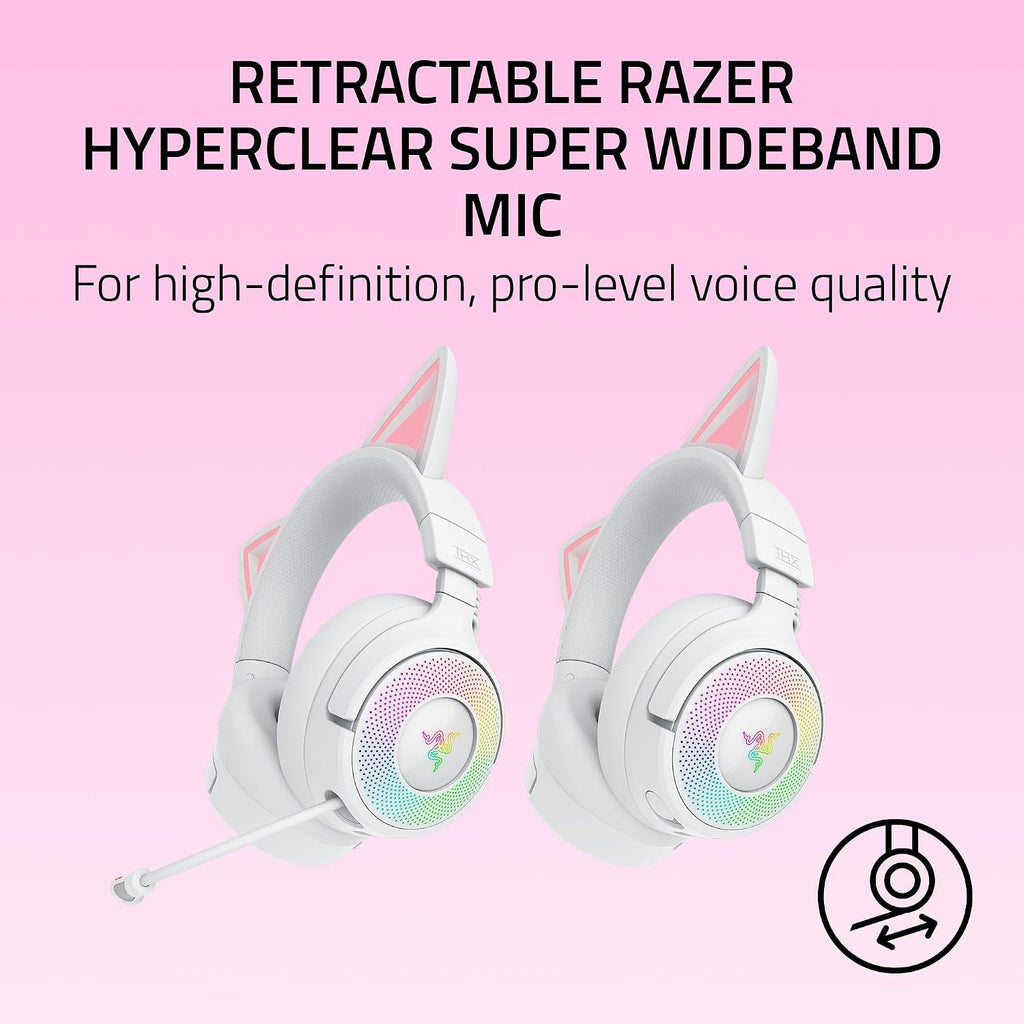 Razer Kraken Kitty V3 Pro Wireless RGB Gaming Headset: Chroma RGB Kitty Ears - 2.4 GHz, Bluetooth 5.3, USB A - Super Wideband Mic - 40mm Drivers - THX Spatial Audio - Comfortable Ear Cushions - White