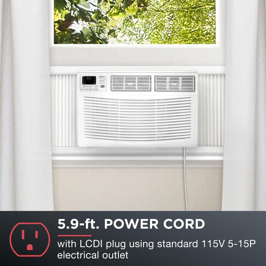 Amana 8,000 BTU Window Air Conditioner with Dehumidifier, 115V, Window AC for Rooms up to 350 Sq. Ft., Bedrooms, Bathrooms, and Nurseries with Remote Control, Digital Display, Timer, 3 Cooling Speeds