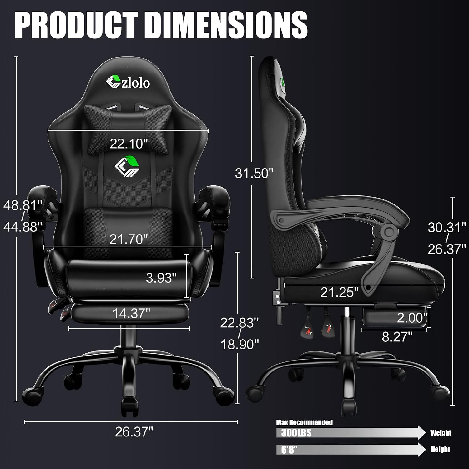 Czlolo Gaming Chair with Footrest Racing Style Lumbar Support Massager Video Game Chair with Metal Legs, High Back Gamer Chair with Headrest, 360° Swivel Office Computer Desk Chair, Black