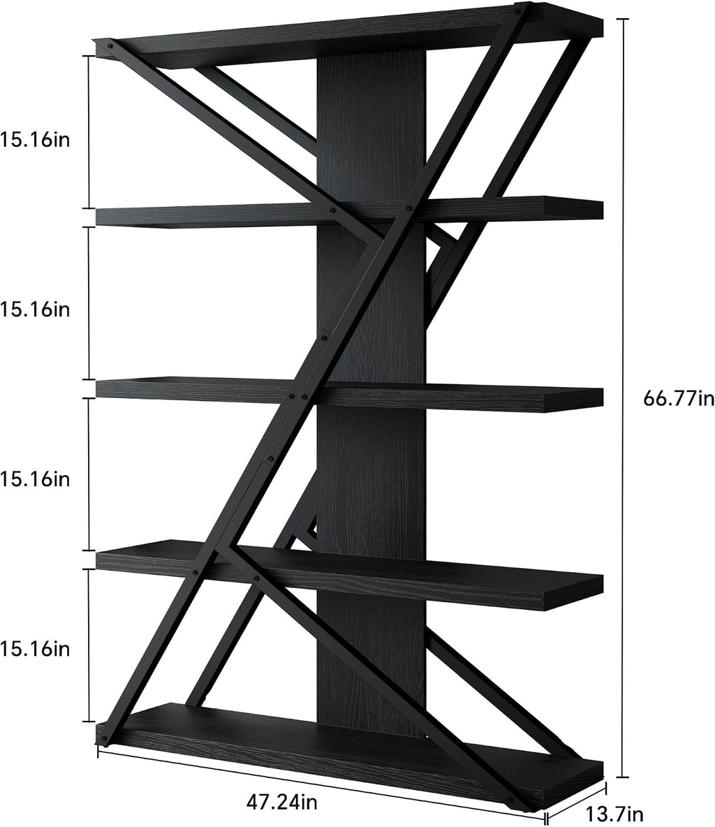 FUSUNBAO Industrial Bookshelf, Vintage 5-Tier Tall Bookcase with Wood and Metal Frame, Rustic Large Display Shelf for Home Office, 67' H x 47' L x 12' W, Black