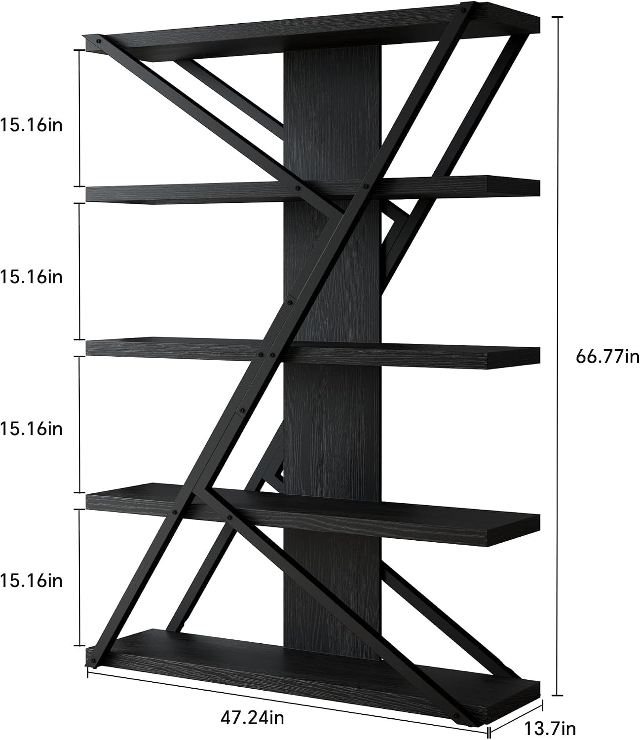 FUSUNBAO Industrial Bookshelf, Vintage 5-Tier Tall Bookcase with Wood and Metal Frame, Rustic Large Display Shelf for Home Office, 67' H x 47' L x 12' W, Black