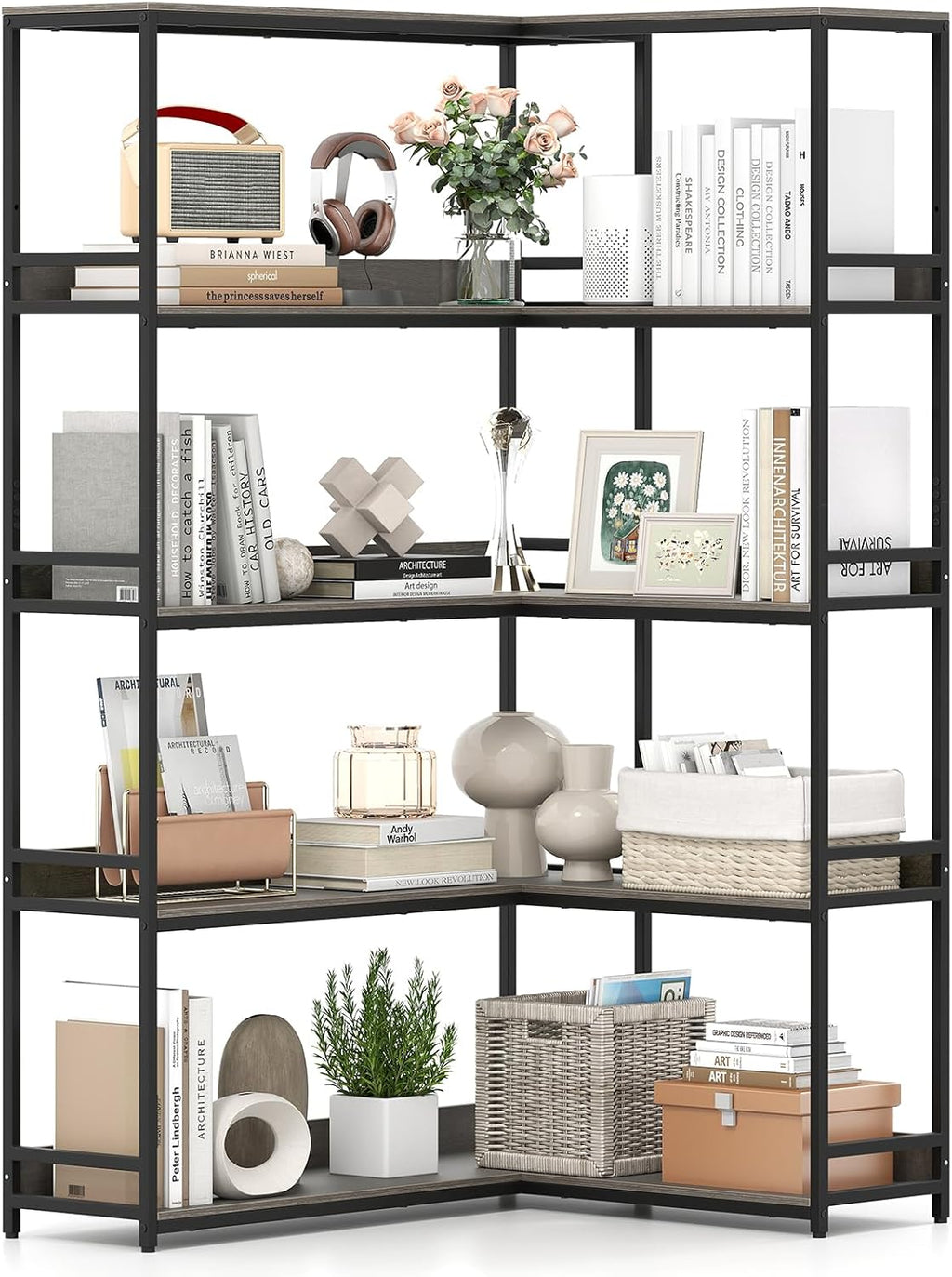 Giantex 5-Tier Corner Bookshelf, 71' L-Shaped Bookcase, Tall Etagere Bookshelf with Metal Frame, Industrial Open Display Shelf, Vertical Storage Rack for Living Room, Study, Office (Oak)