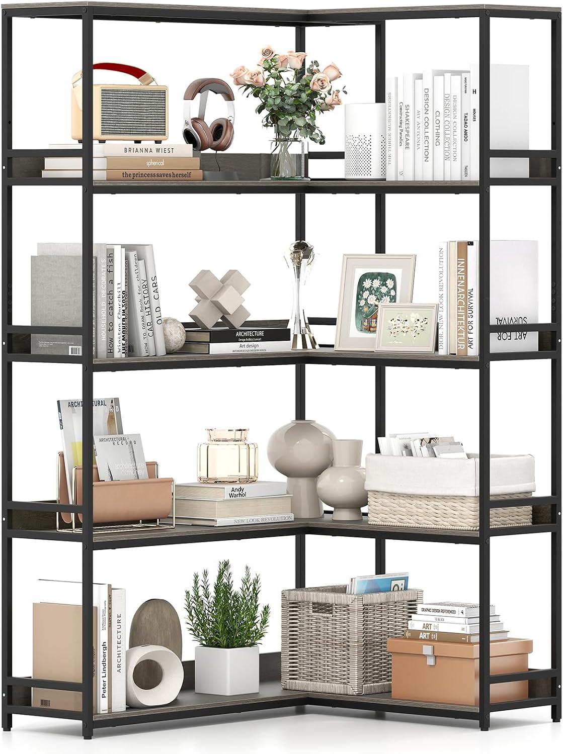 Giantex 5-Tier Corner Bookshelf, 71' L-Shaped Bookcase, Tall Etagere Bookshelf with Metal Frame, Industrial Open Display Shelf, Vertical Storage Rack for Living Room, Study, Office (Oak)