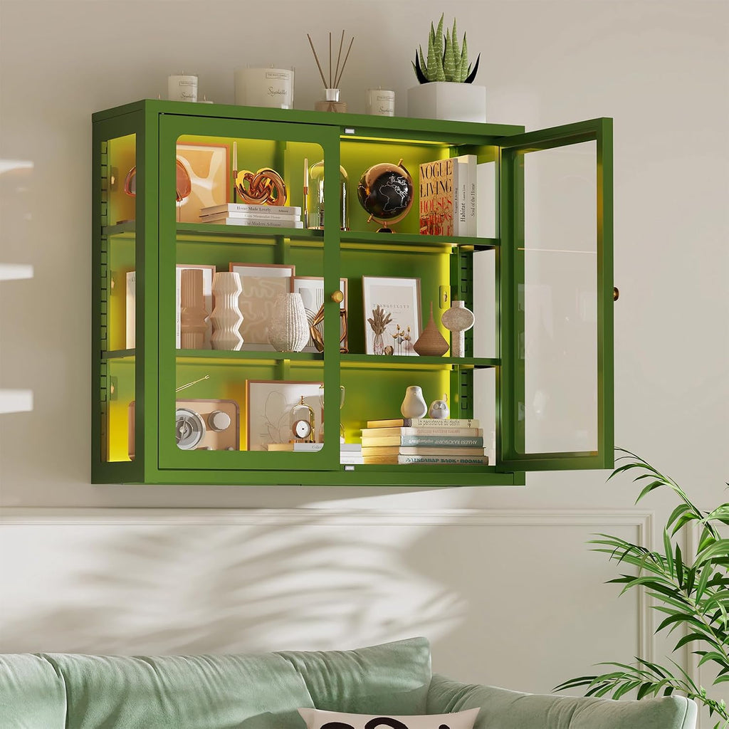 Bathroom Wall Cabinet with 13-Color Light, Wall Mounted 3-Sided Glass Display Cabinet with Adjustable Shelves, Floating Metal Medicine Storage Cabinet for Kitchen Living Room - Green