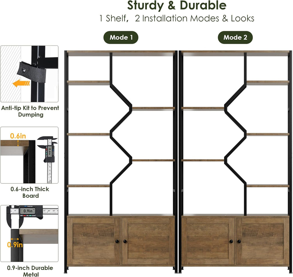 76' Tall Shelf with Storage Cabinet Doors, 6 Tier Open Bookshelf for Multi-use Display, Staggered Book Shelf Etagere Bookcase for Home Office/Living Room, Deep Metal & Wood Accent Shelf, Rustic Brown