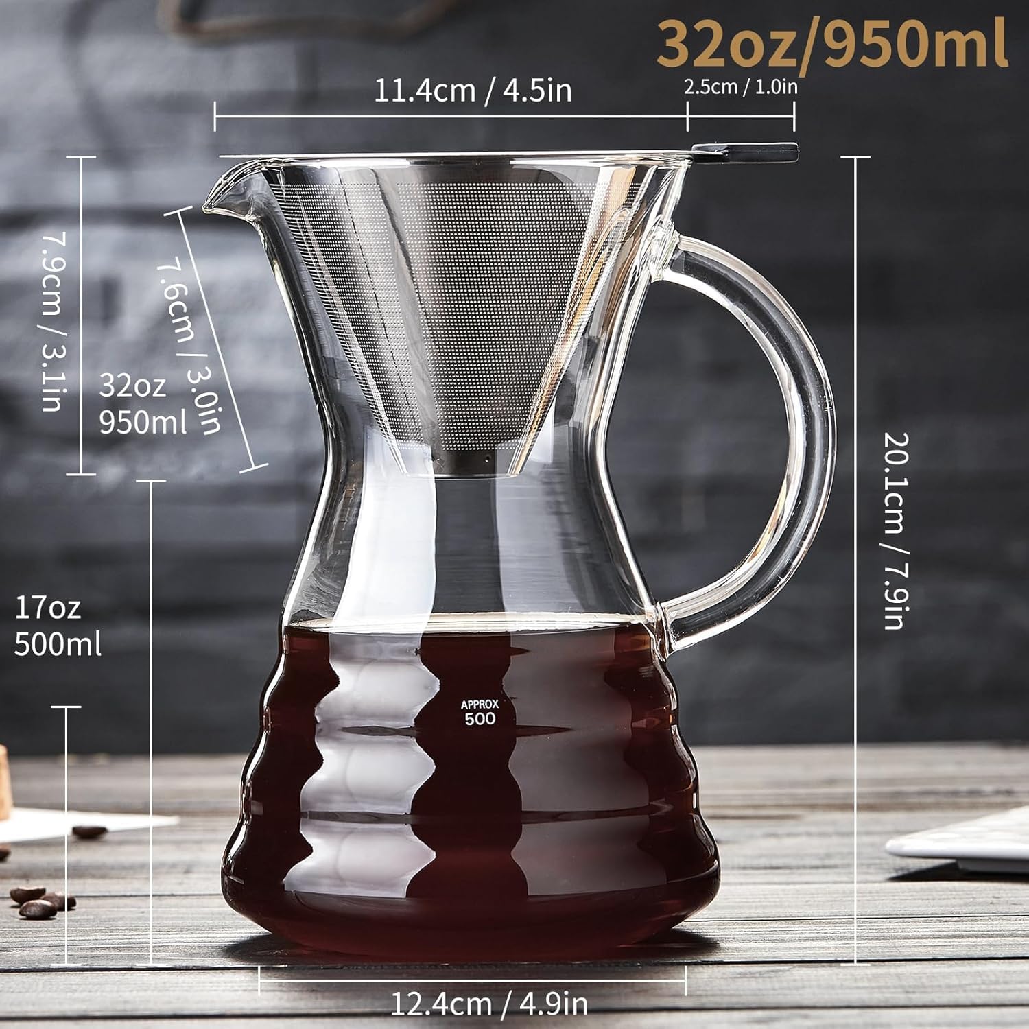 Unbreakable - 18 Pack Pour Over Coffee Maker with Permanent Stainless Filter 27 fl oz, Thickened Heat-Resistant Borosilicate Glass Dripper Coffee Brewer, Stovetop Safe