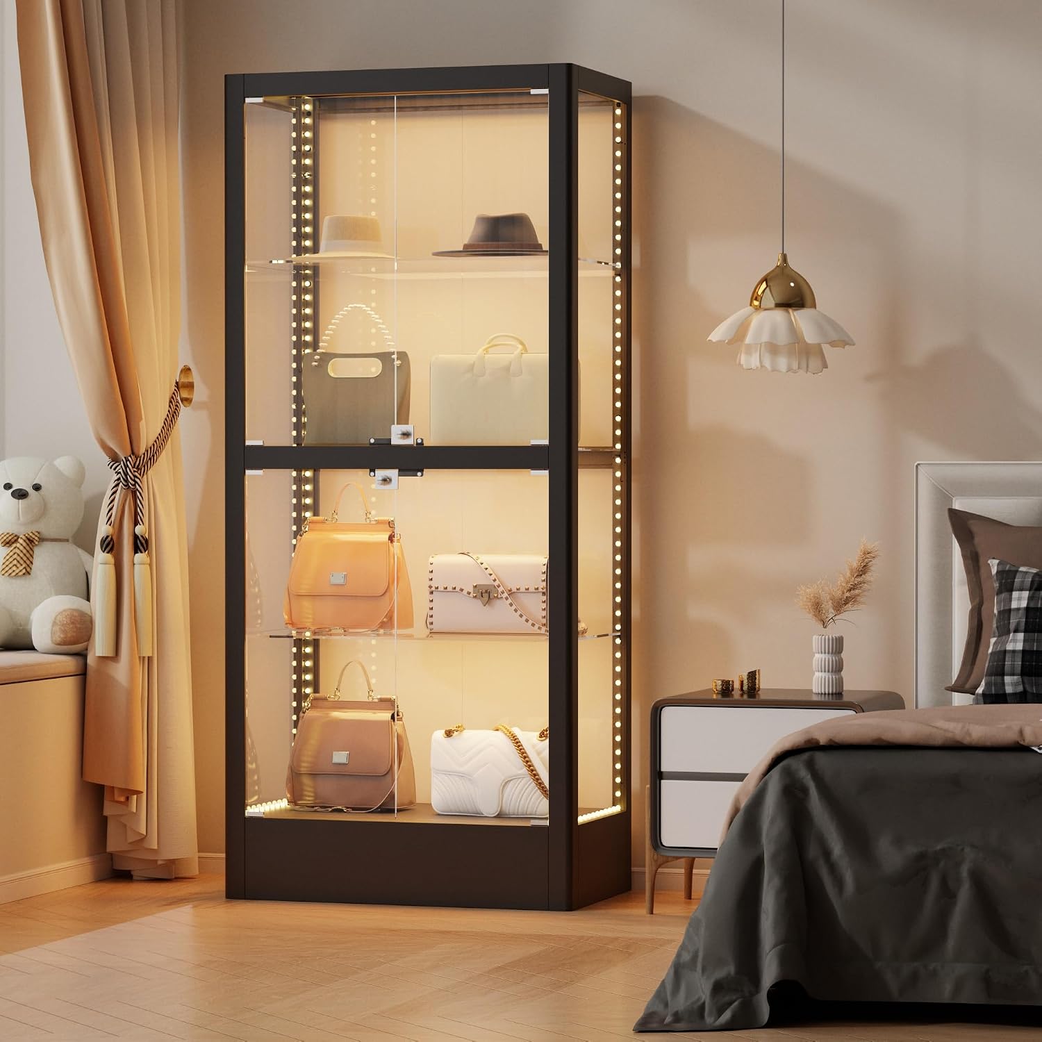 Glass Display Cabinet with 13-Color Light, 63' 4-Tier Curio Cabinet with 4 Glass Doors & Lock, Lighted Display Case with Adjustable Shelves for Collectibles Figures Trophy (Black)