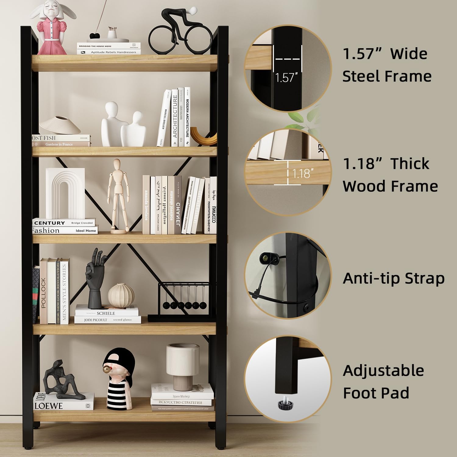 WH-AOERPUMY Real Solid Wood Bookshelf Shelves Rustic Vintage Industrial Etagere Bookshelf, Metal & Timber Free Vintage Bookcase, (Genuine Timber) (5-Tiers-Natural Finish)