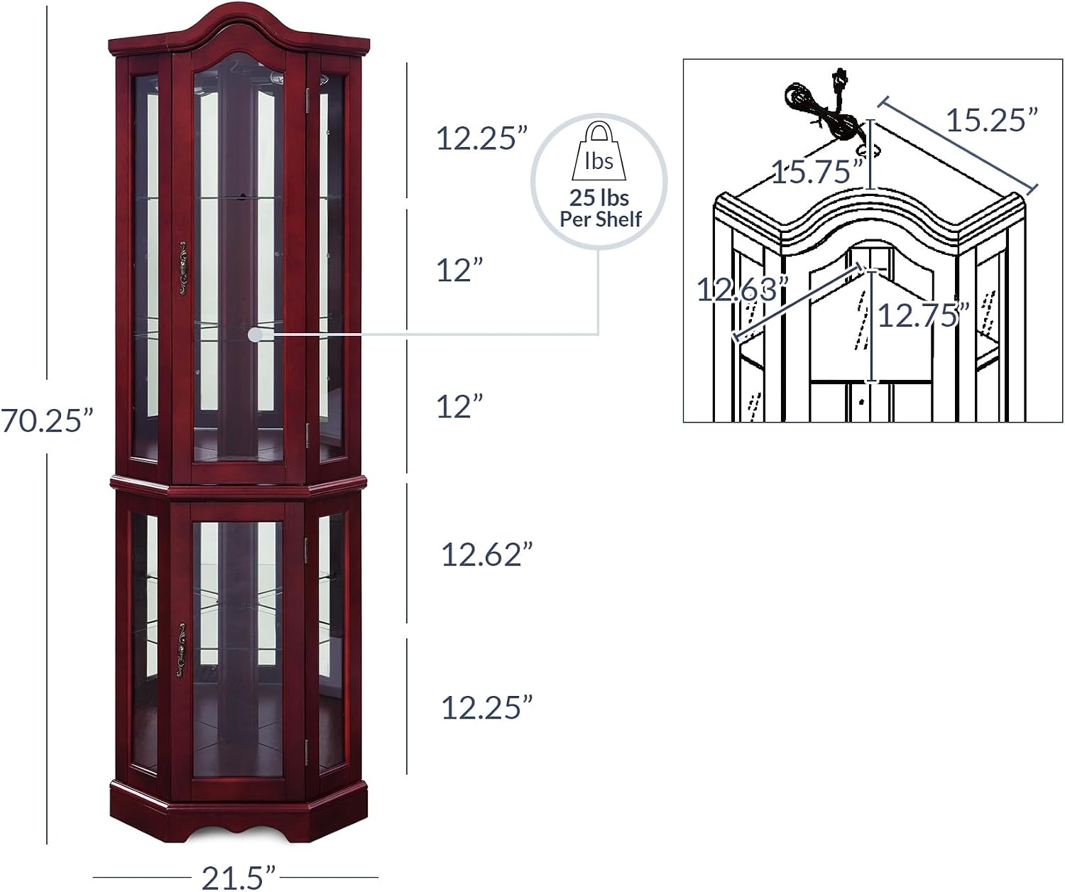 BELLEZE Lighted Corner Display Curved Top Curio Cabinet Wooden Shelving Unit with Tempered Glass Door, Bar and Liquor Storage Area with 5 Shelves - Loraine (Cherry)