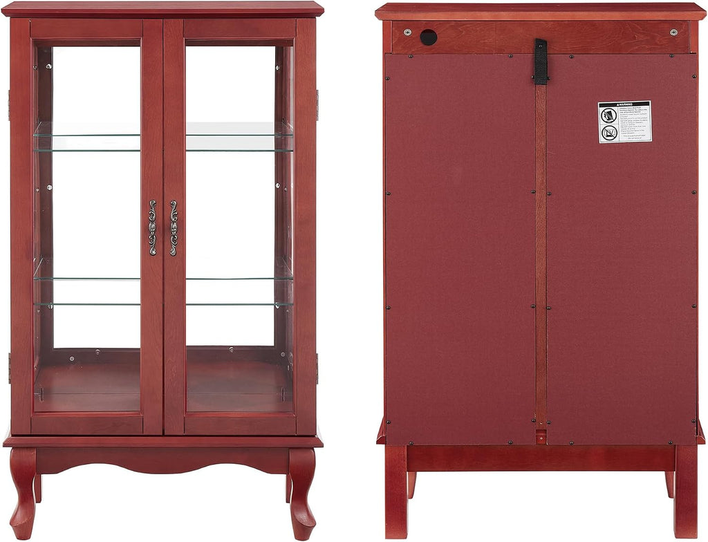 43'H Lighted Display Curio Cabinet, 3-Tier Glass Accent Storage Cabinet Curio Showcase w/ 2 Doors & Adjustable Shelves, Wine Artwork Storage Rack w/ Mirrored Back Panel for Living Room (Cherry)