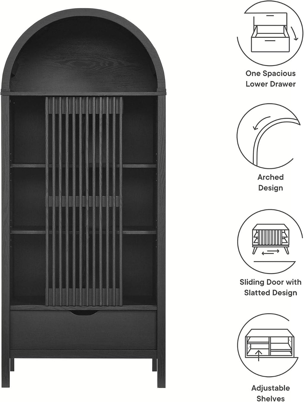 Modway Vaughn 71 Inch Arched Display Cabinet in Black - Modern Arch Bookcase with Drawer and Adjustable Shelves - Tall Storage Cabinet for Living Room, Dining Room, Hallway