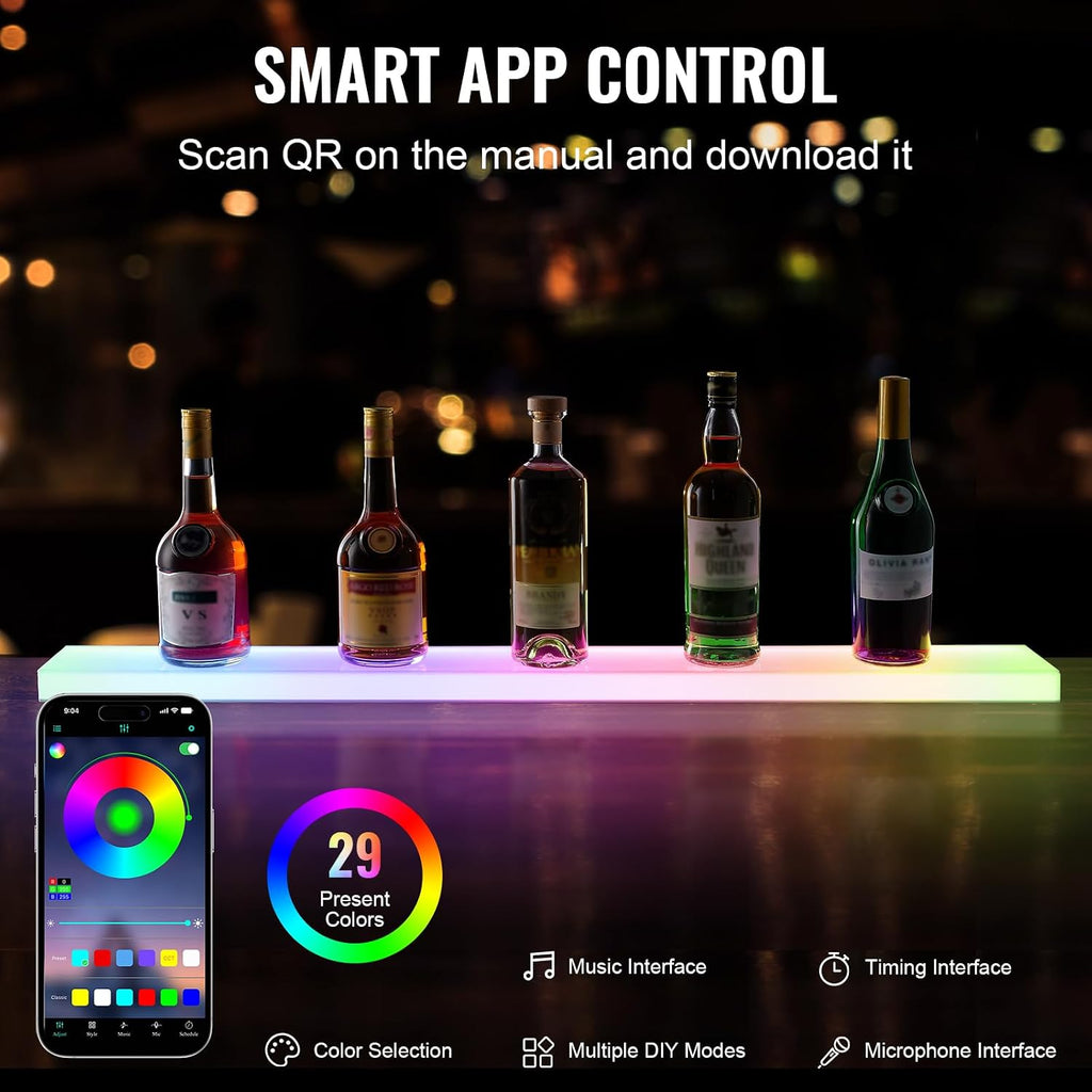 VEVOR LED Lighted Liquor Bottle Display, 1 Tier 40 Inch Wall Mounted Whiskey Rack Stand, 1 Step Commercial Illuminated Home Bar Shelf, Acrylic Drinks Light Shelves with RF Remote & App Control