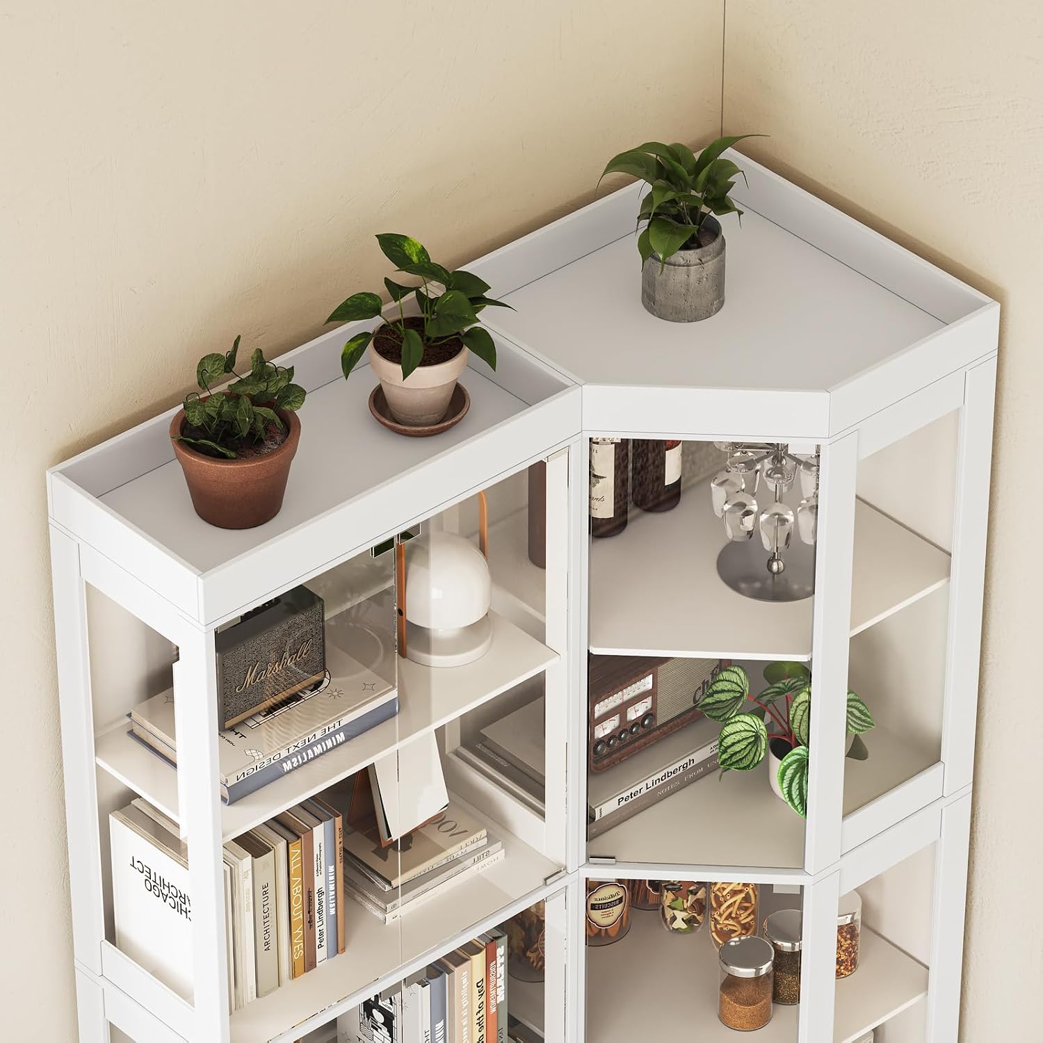 70.1' Large Corner Cabinet with Glass Doors,4 Tiers L-Shaped Storage Cabinet with 8 Shelves & Top Guard Rail，Corner Bookshelf for Living Room, Office, Kitchen，White