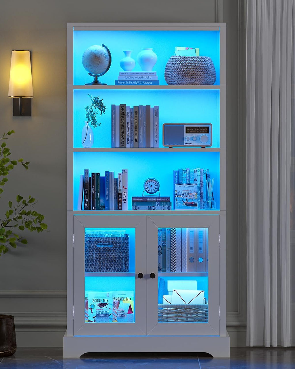 TVU 5-Tier Bookshelf, 65' Bookshelf with Multi-Color Ambient Lights (APP Remote Control), Tall Vertical Display Shelf with Cabinet Doors, Suitable for Living Room, Bedroom, Study, Office, White