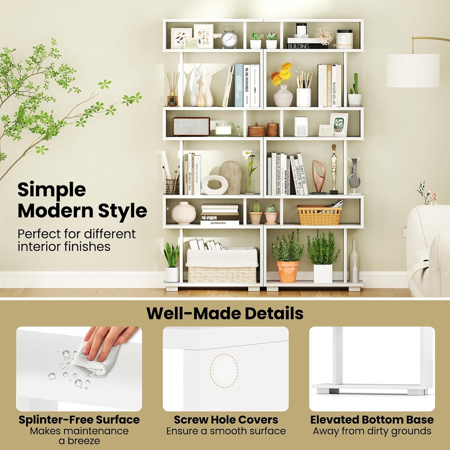 Giantex 6-Tier Geometric Bookcase Set of 2, 64' Tall S-Shaped Bookshelf w/Anti-Tipping Kit, Wood Freestanding Decorative Storage Display Shelves for Living Room, Bedroom & Home Office, White