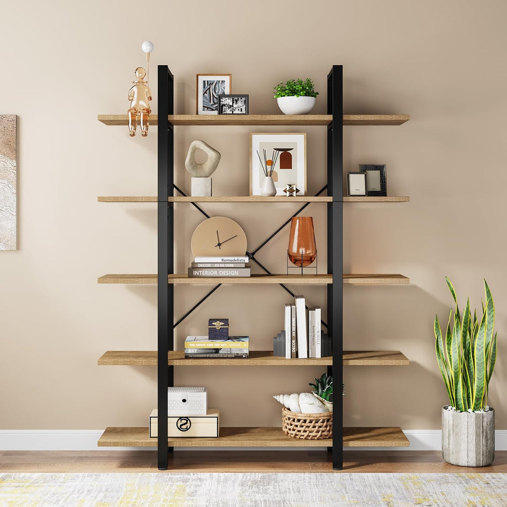 Tribesigns 5-Tier Bookshelf, Vintage Industrial Style Bookcase 72 H x 12 W x 47L Inches (Beige)
