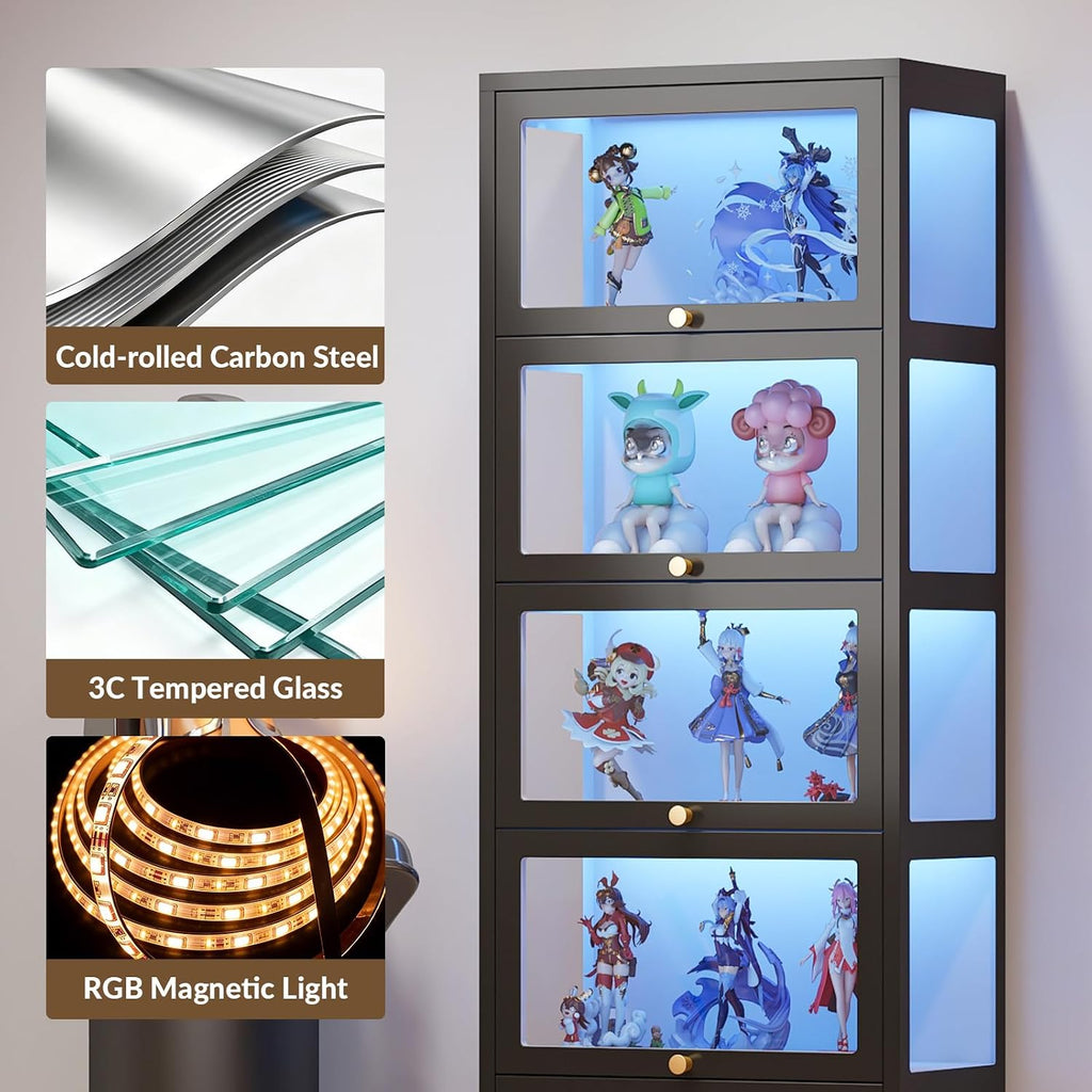 Display Cabinet with Glass Doors, 67' Metal Curio Cabinet with Drawer & 13-Color RGB LED Lights, 5-Tier Glass Display Case for Collectibles, Figure, Toys, Books, Black