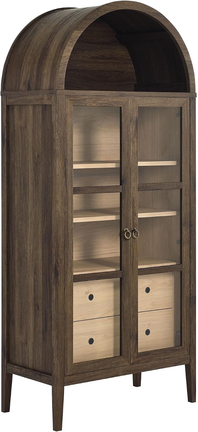 Modway Nolan Modern Farmhouse 71 Inch Tall Arched Storage Display Cabinet in Walnut Hickory Wood Grain - 4-Tier Bookcase with Glass Doors and Shelves - Arch Accent Cabinet for Living Room
