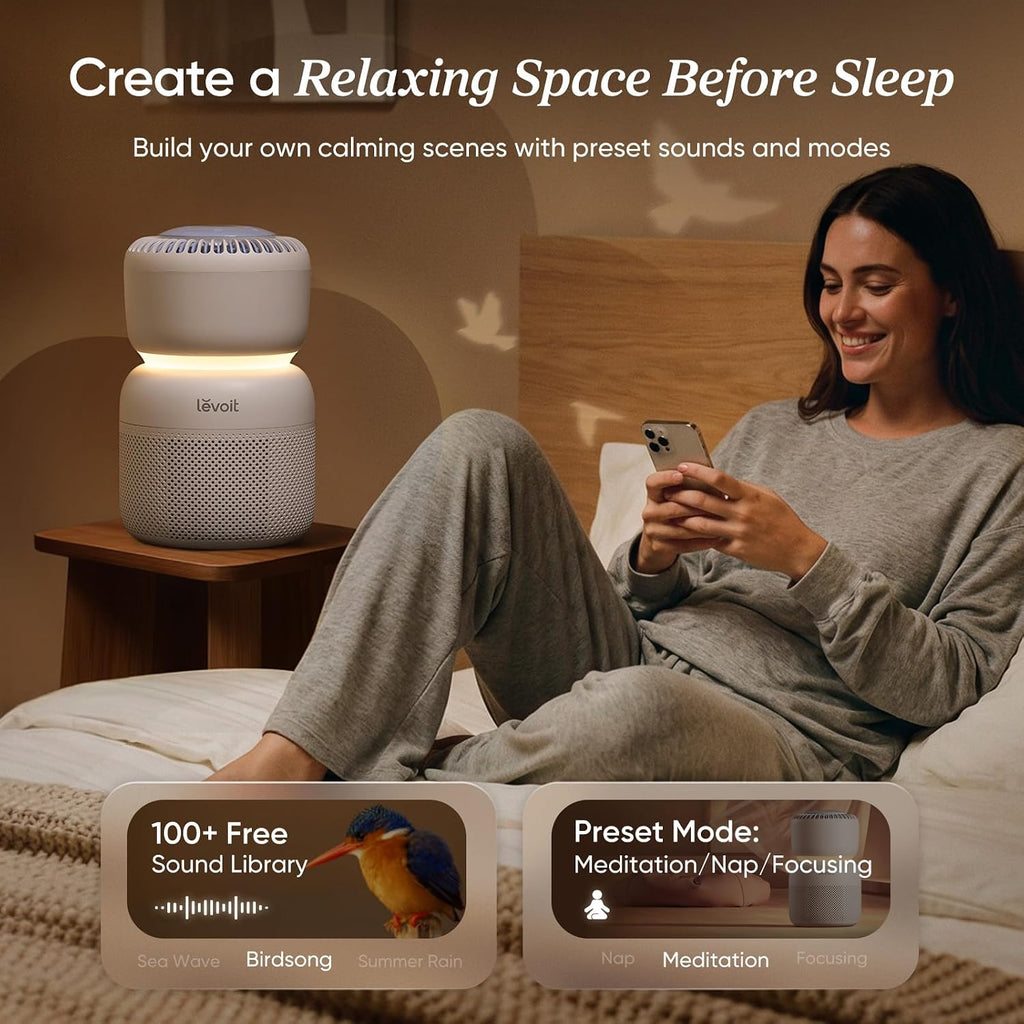 LEVOIT Air Purifier for Home Bedroom with HEPA Filter, White Noise Sound Machine and Blue Light-Safe Night Light Support Better Sleep, AHAM VERIFIDE, 5 Air Quality Monitor, Smart WiFi, Sprout
