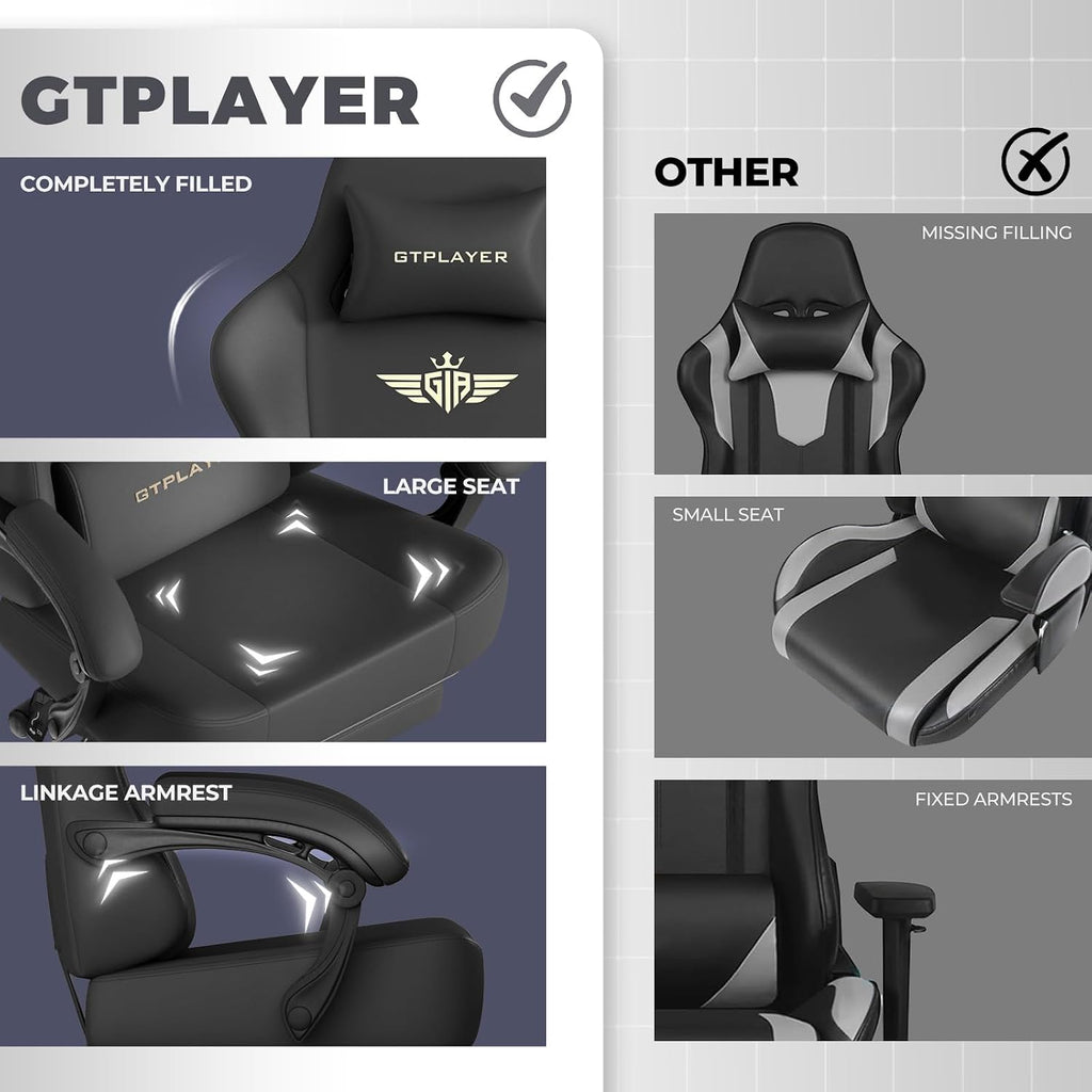 GTPLAYER Gaming Chair with Pocket Spring Cushion, Big and Tall Gamings Chairs 350LBS High Back Computer Chair with Footrest for Adults Lumbar Support Swivel Game Chair for Office, Leather Black