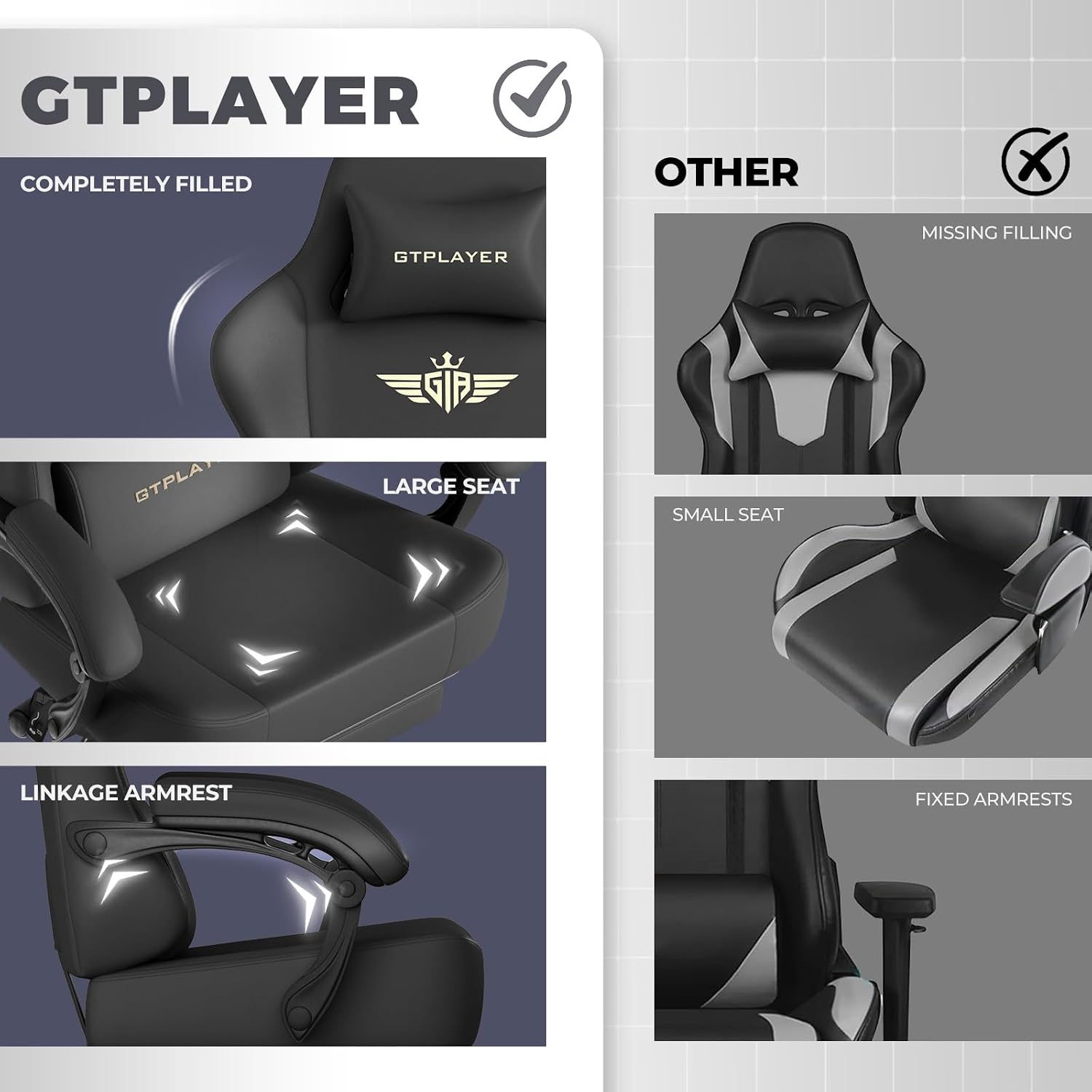 GTPLAYER Gaming Chair with Pocket Spring Cushion, Big and Tall Gamings Chairs 350LBS High Back Computer Chair with Footrest for Adults Lumbar Support Swivel Game Chair for Office, Leather Black