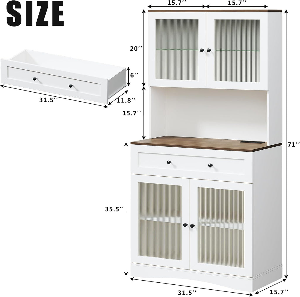HUAHUU 71' Pantry Cabinet with LED Lights and Charging Station, Kitchen Pantry Storage Cabinet with Large Drawer, 4 Doors and 3 Adjustable Shelves, Kitchen Cabinets with Countertop, Light White