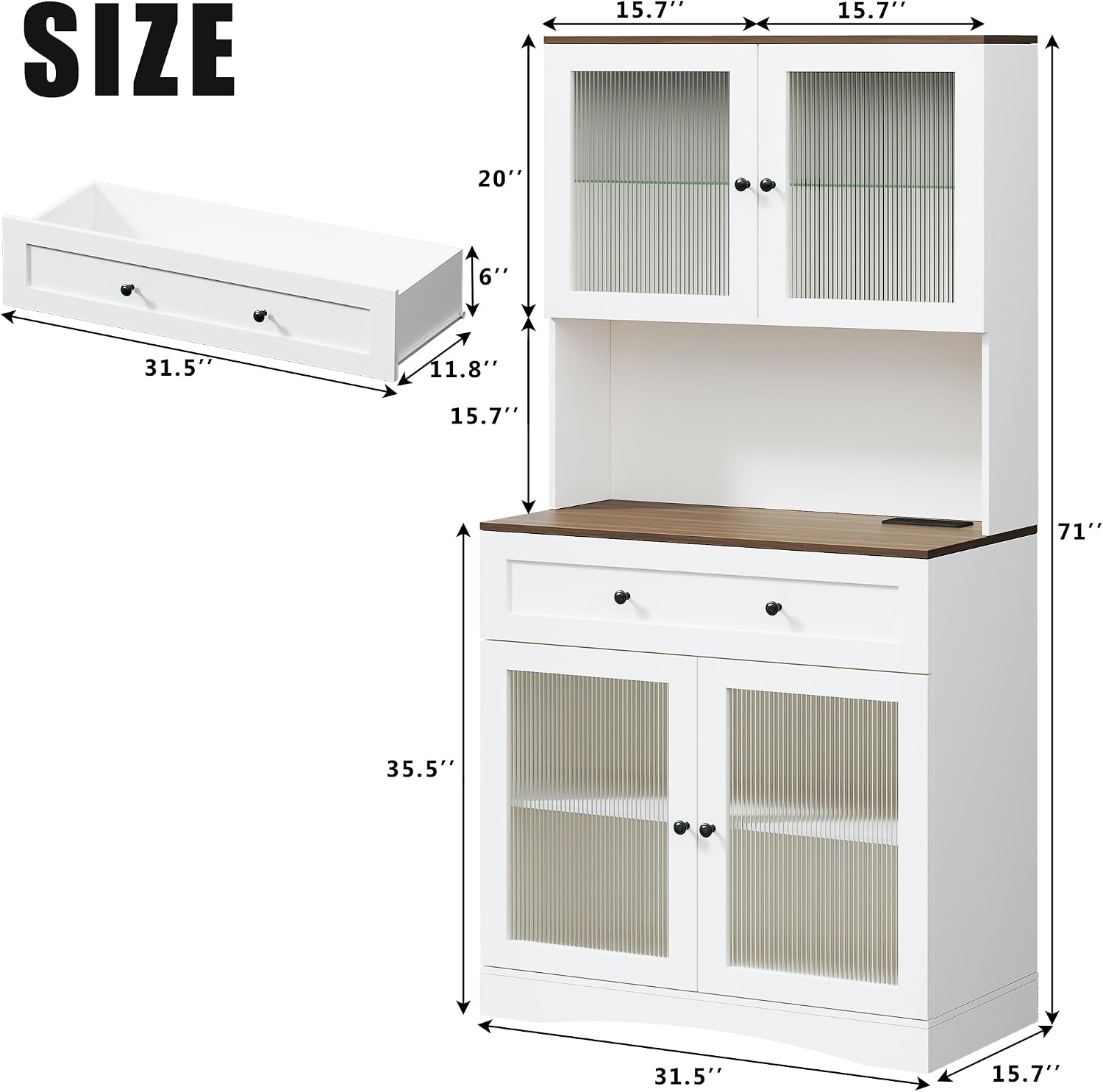 HUAHUU 71' Pantry Cabinet with LED Lights and Charging Station, Kitchen Pantry Storage Cabinet with Large Drawer, 4 Doors and 3 Adjustable Shelves, Kitchen Cabinets with Countertop, Light White