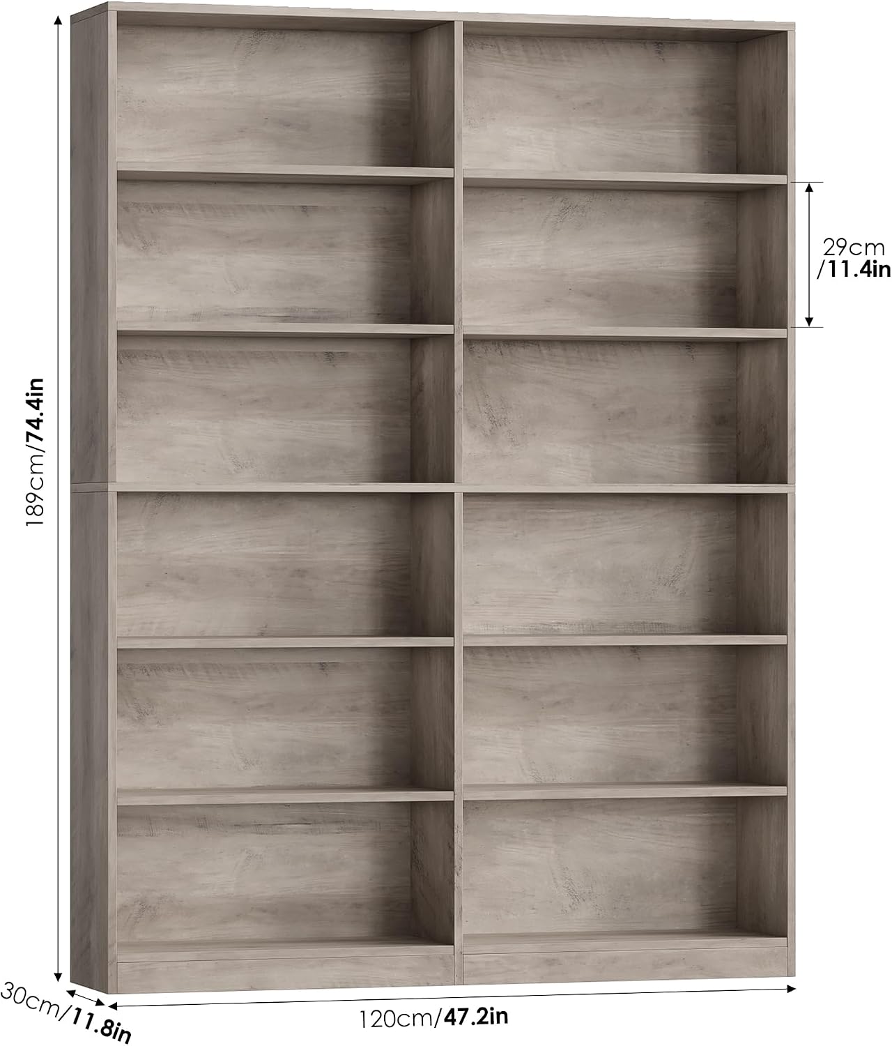 FACBOTALL Bookshelf and Bookcase, 6-Tier Double Wide Bookshelves, Freestanding Display Storage Shelves, Tall Bookcases for Home Decor Bedroom, Living Room, Home Office, Wash Gray