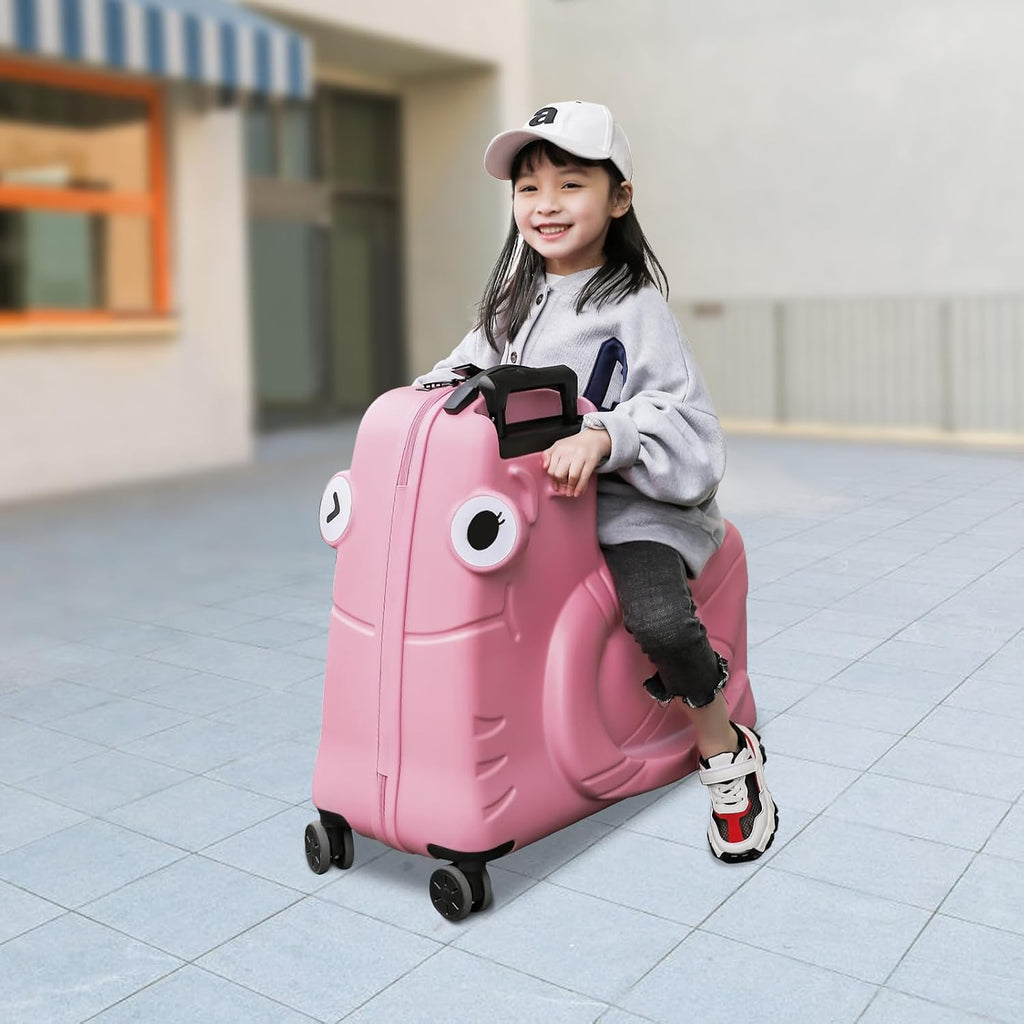 DNYSYSJ 20' Children's Ride On Luggage, Kid's Trolley Suitcase with Universal Wheels and Password Lock, Carry On Luggage Rolling Luggage, Aged 1-6 Years, ABS+PC (Pink, Snail Pattern)