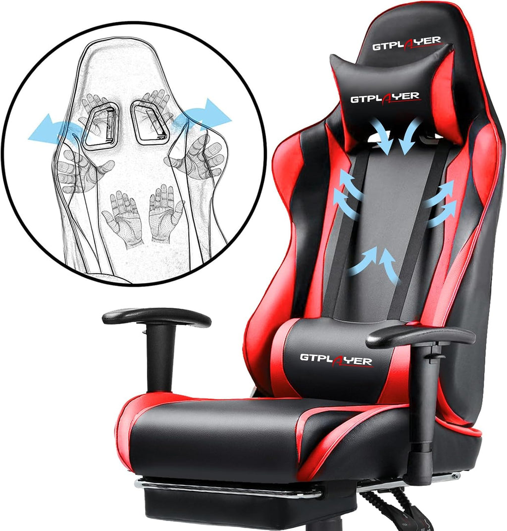 GTPLAYER Gaming Chair with Footrest, Ergonomic Computer Game Desk Chair, Reclining Gamer Chair Seat Height Adjustment, Swivel Rocker with Headrest and Lumbar (Brickred)