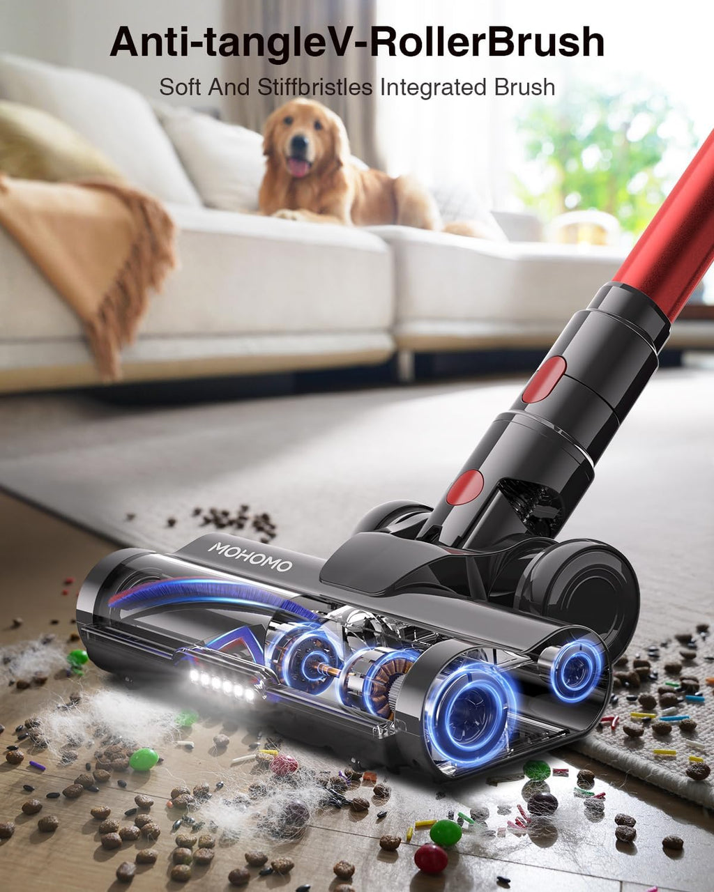 Cordless Vacuum Cleaner, 650W/55KPa 70Mins Vacuum Cleaners for Home, Self-Standing Stick Vacuum with Anti-Tangle Brush & OLED Touch Screen, Vacuum Cleaner for Hardwood Floors,Carpet,Pet Hair,Car (Red)