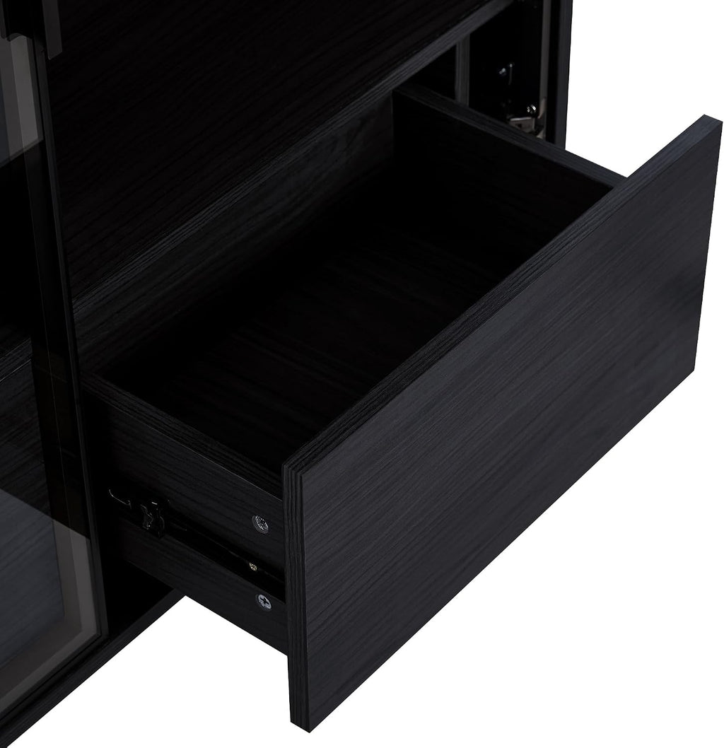 Merax 4 Tier Bookshelf Black Bookcase with Glass Door & 2 Drawers, 51.2' Tall Wood Display Cabinet with Metal Legs for Living Room, Bedroom, Office (Black)