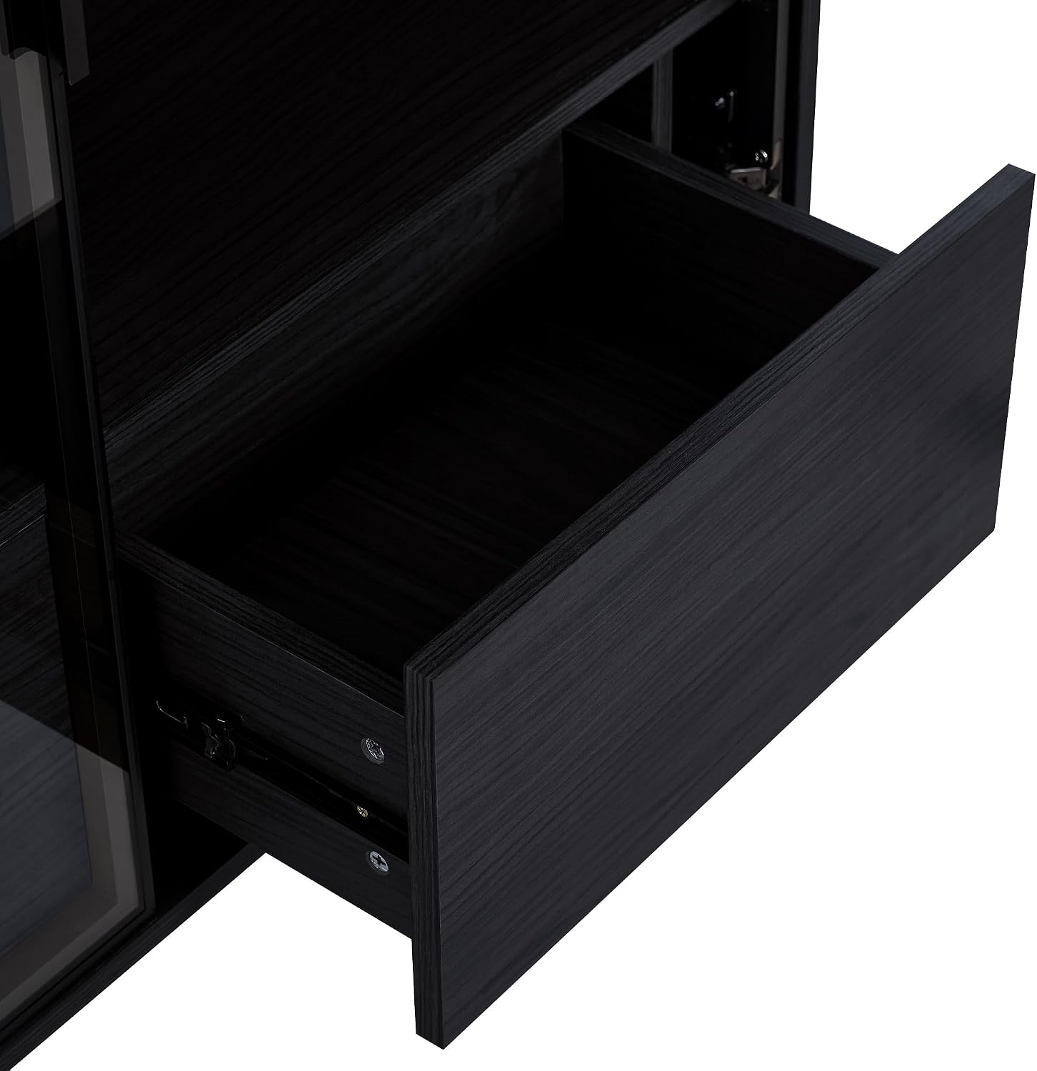 Merax 4 Tier Bookshelf Black Bookcase with Glass Door & 2 Drawers, 51.2' Tall Wood Display Cabinet with Metal Legs for Living Room, Bedroom, Office (Black)