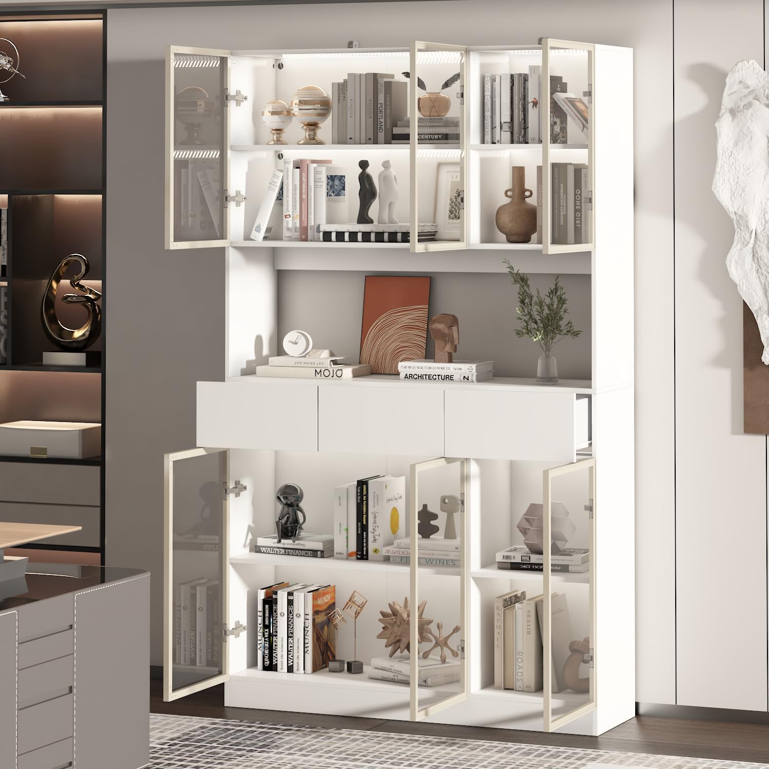 Curio Display Cabinet with Light, Storage Shelves with Pop-up Glass Doors, 3 Drawers & 3 Color Light, Collectibles Cabinet Display Shelf, Bookshelf Showcase for Living Room, White w/Hutch