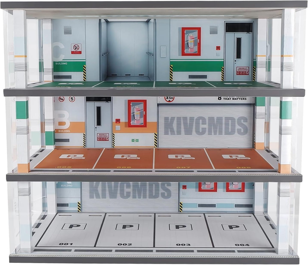 kivcmds Model Car Display Case 1:24 Scale Diecast Diorama Garage with Lights for Lego Alloy Car Collectibles Wood Storage Shelf,3 Tiers of 12 Parking Spaces