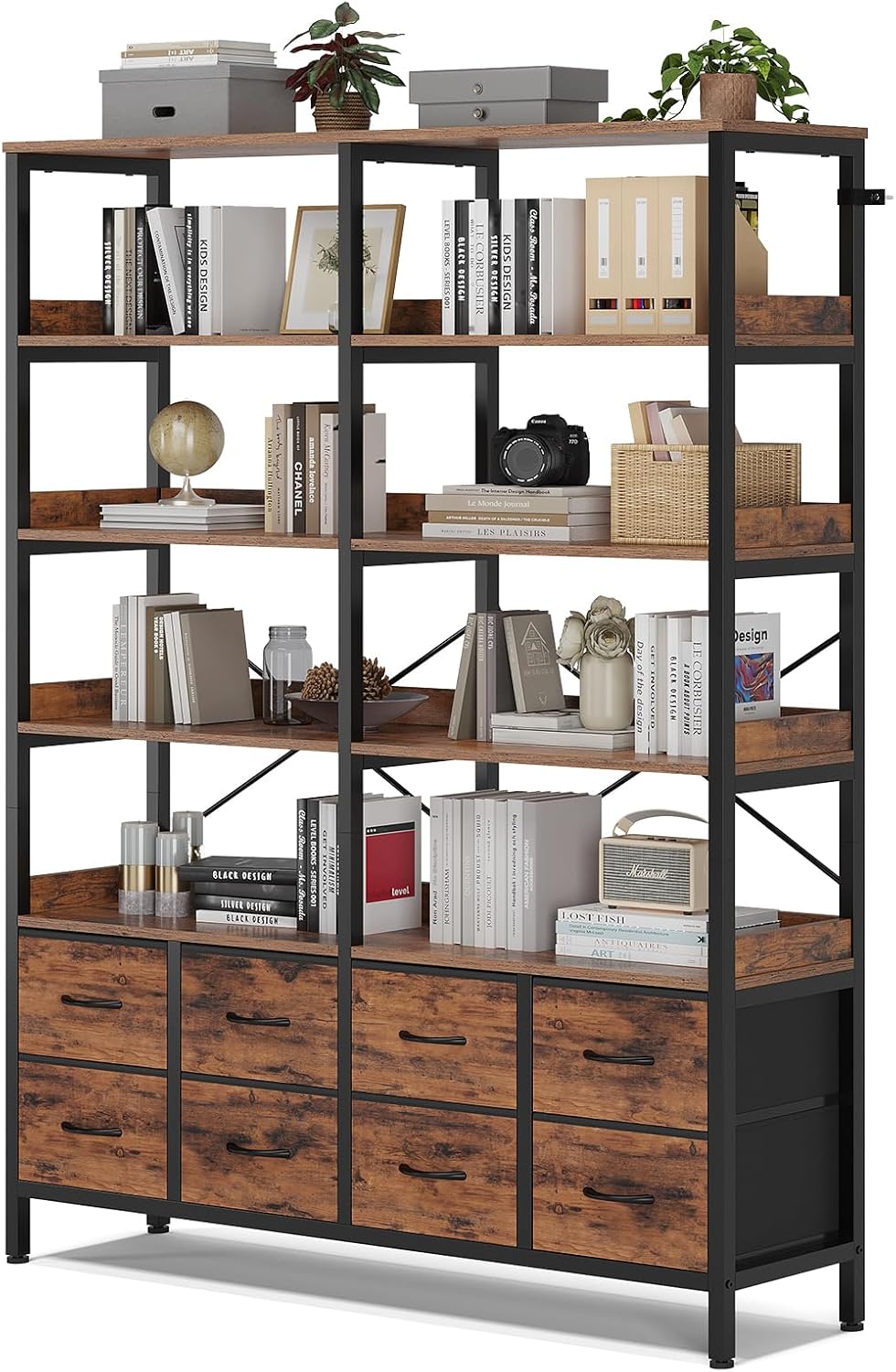 HAUOMS Bookshelf with 8 Fabric Drawers, 7-Tier Bookcase with Baffles Display Shelves, Industrial Large Book Shelf for Living Room Home Office, Rustic Brown