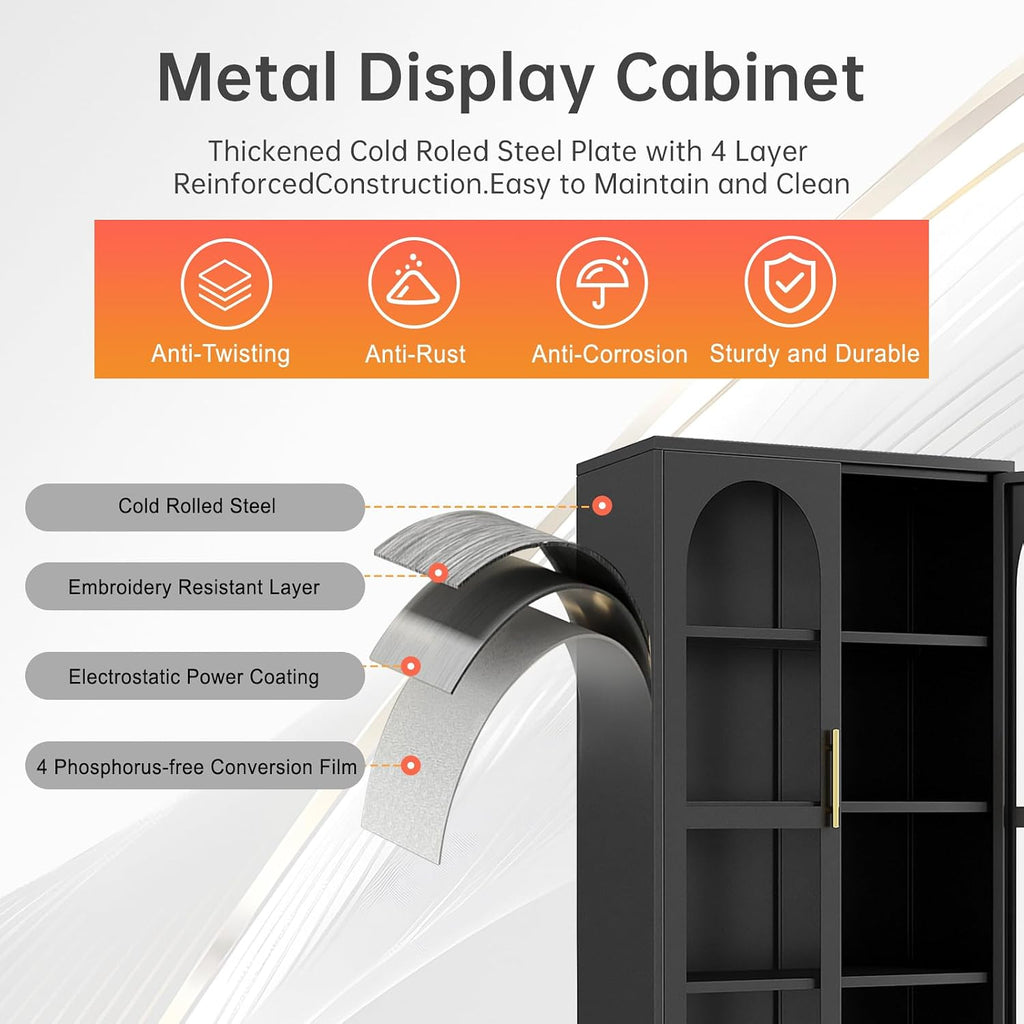 61'H Metal Display Cabinet with Glass Door and Lock, Tall Storage Cabinet with 3 Adjustable Shelves, 4 Tier Liquor Cabinet Metal Curio Cabinet Multi-Purpose Display Case for Collectibles Living Room